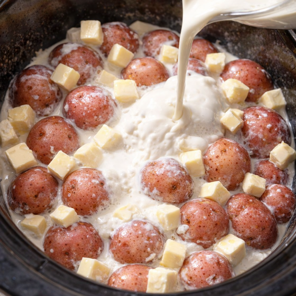 Cream and butter poured over potatoes in the slow cooker