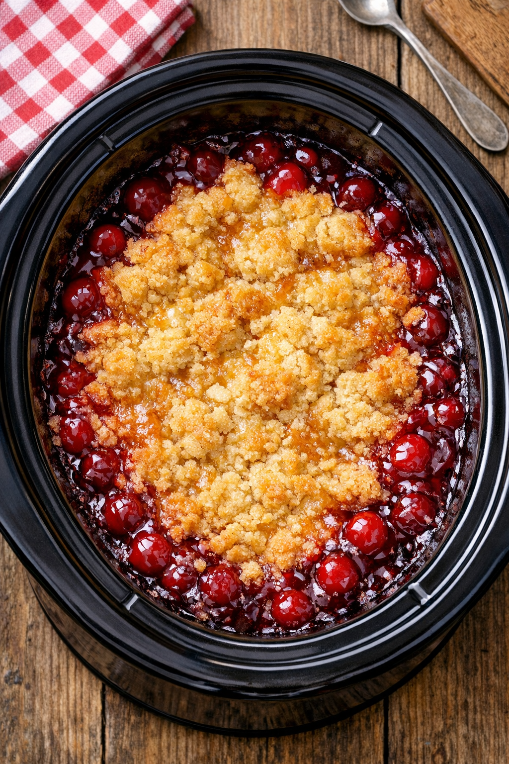 Finished cherry dump cake in a slow cooker