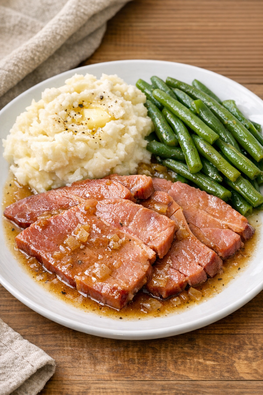 Finished slow cooker country ham plated with savory juices
