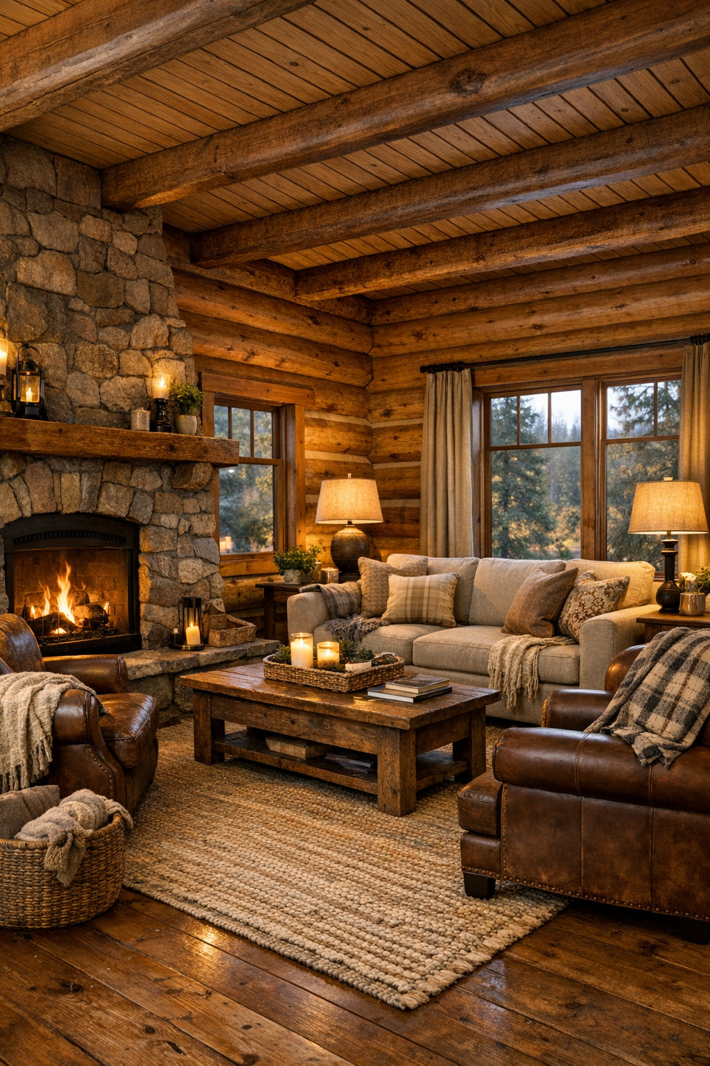 Warm log home living room with stone fireplace, exposed beams, soft neutral seating, and large windows