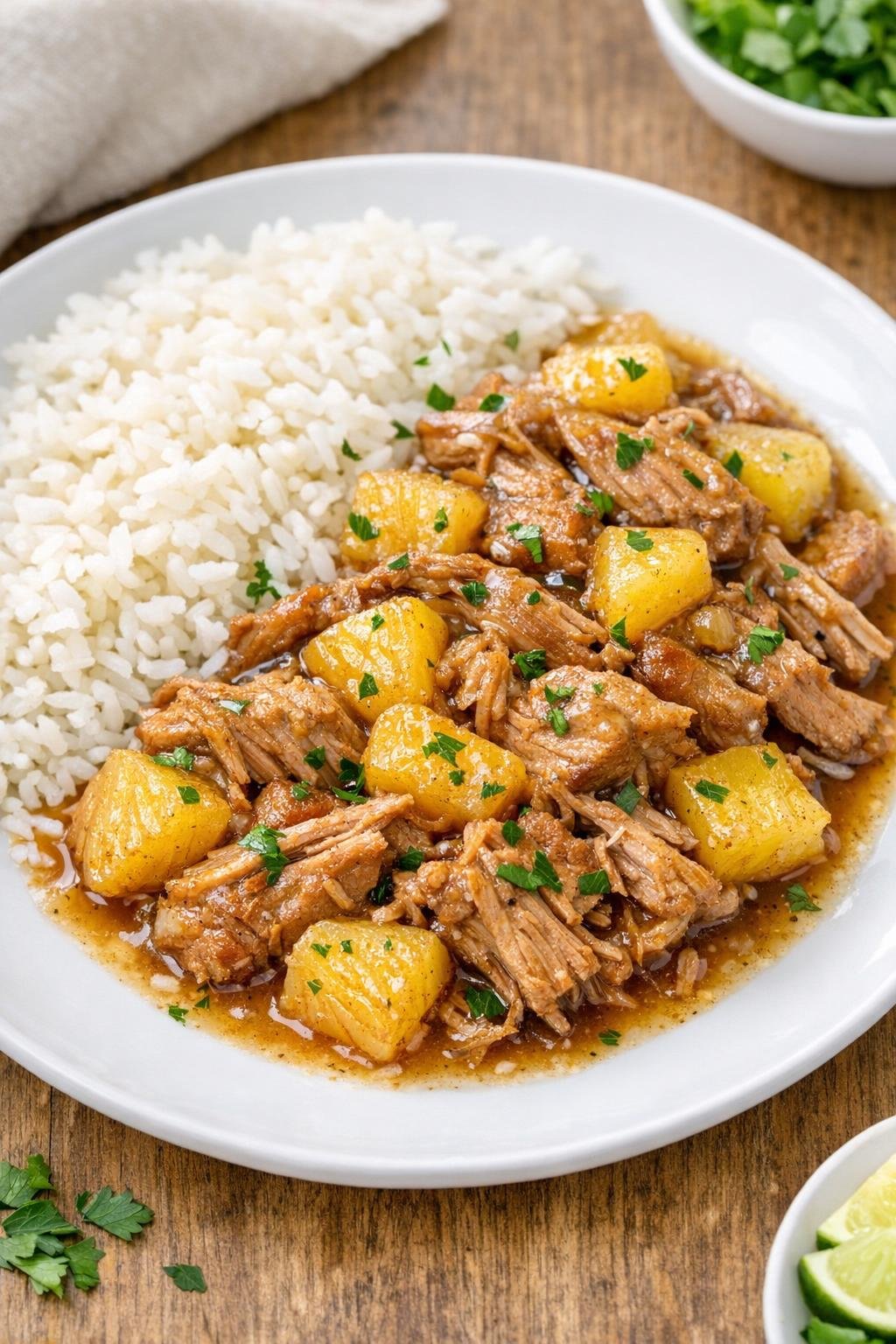 Finished pineapple pork served on a plate