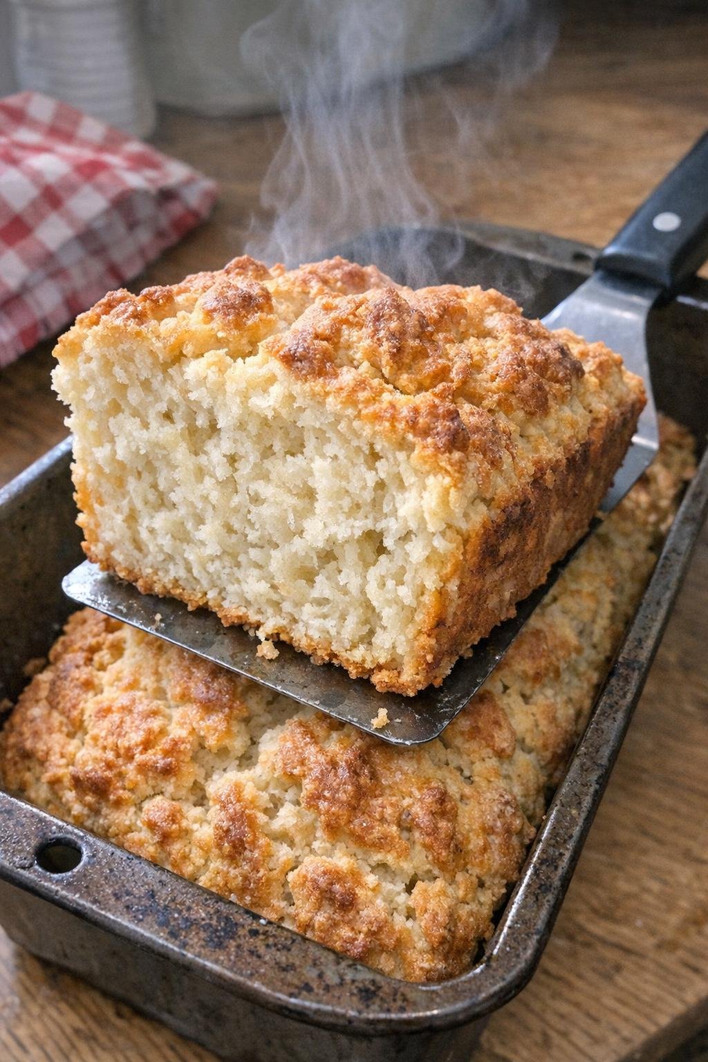 Tall rustic loaf of beer bread in a loaf pan with a slice being lifted