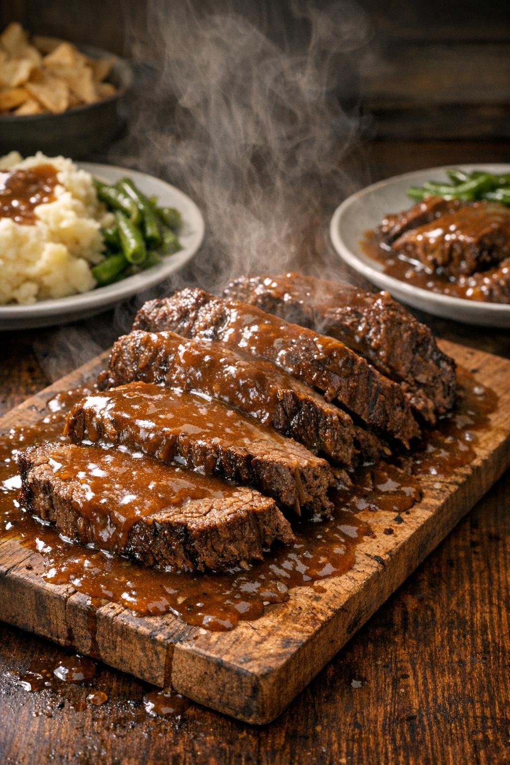 Finished slow cooker beef roast plated with gravy