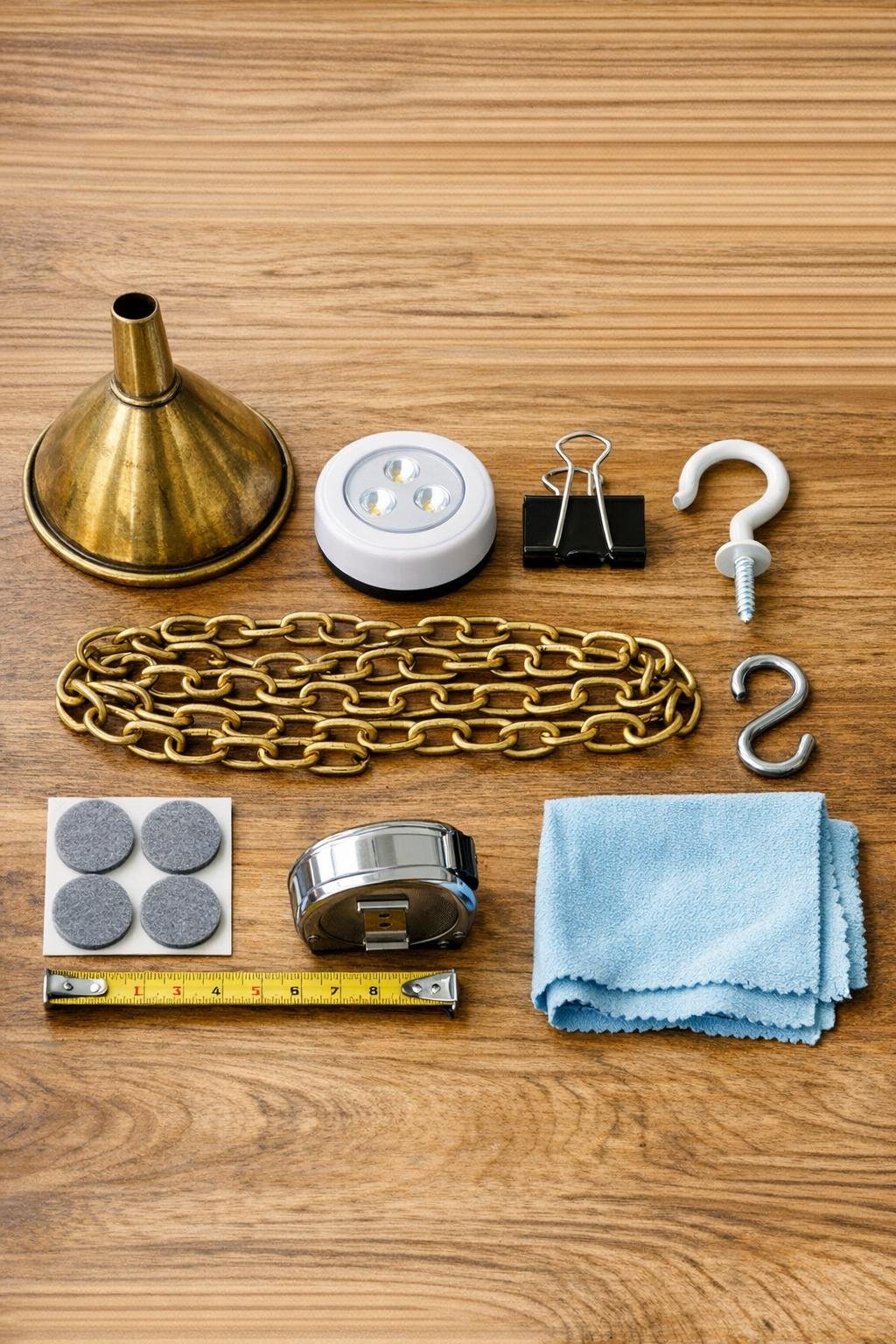 Materials for a brass funnel puck light project laid out on a table