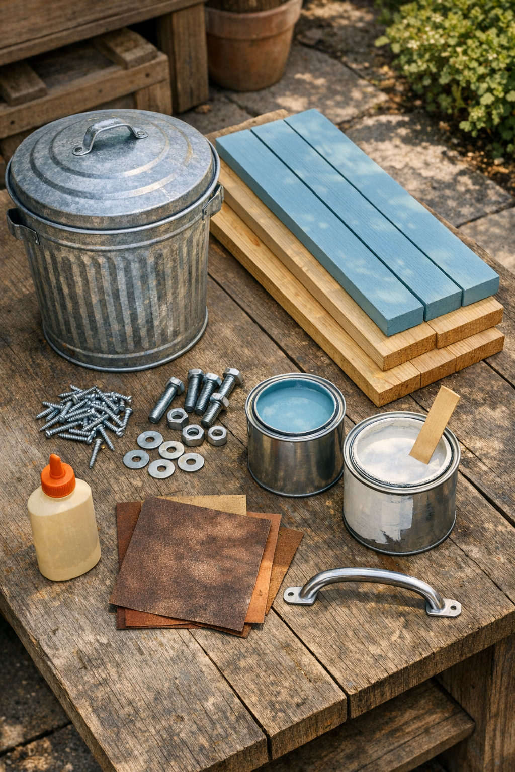 Materials for building a backyard drink cooler stand laid out on a worktable