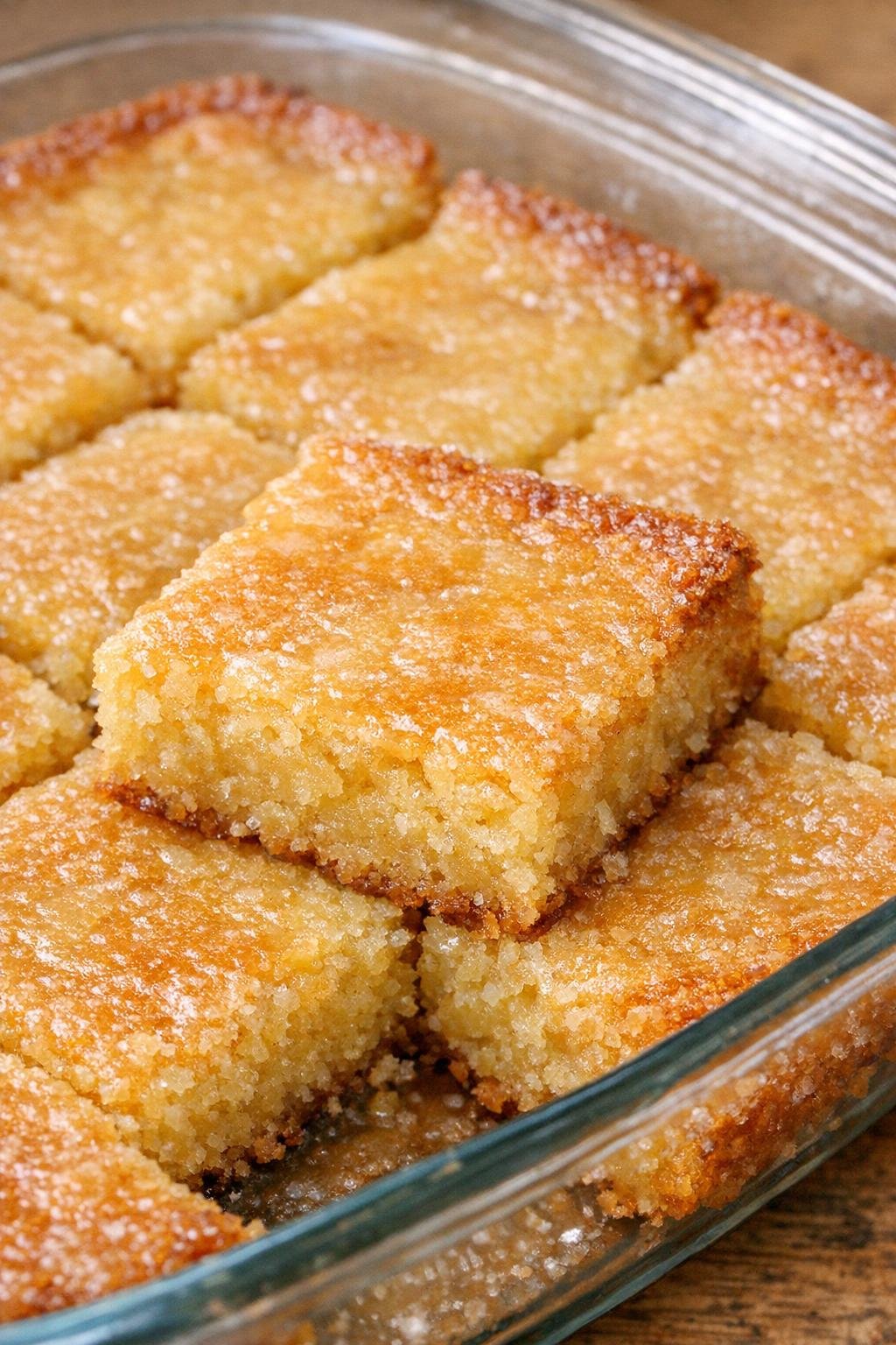 Southern 3-ingredient golden lunch lady squares baked in a glass casserole dish
