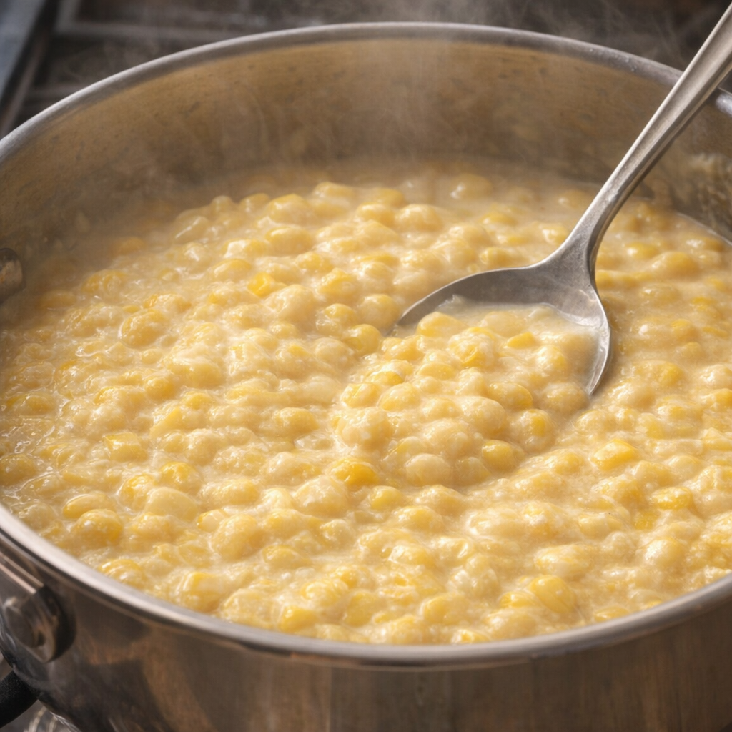 Finished creamed corn thickening in the saucepan