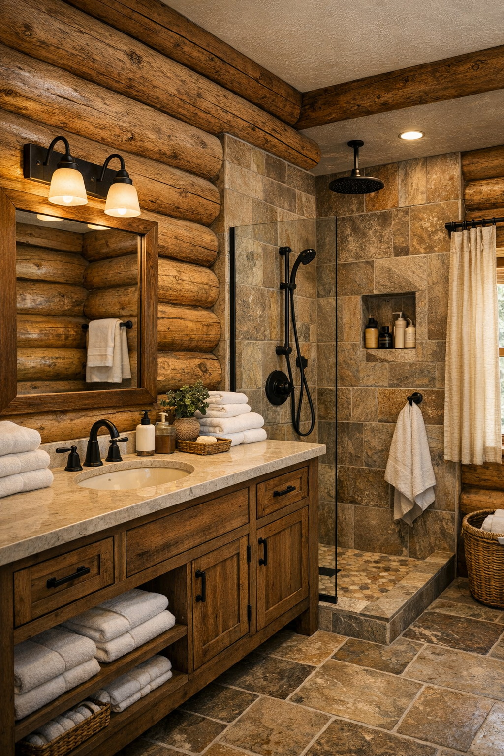 Rustic bathroom with wood vanity, stone tile shower, and warm modern country details