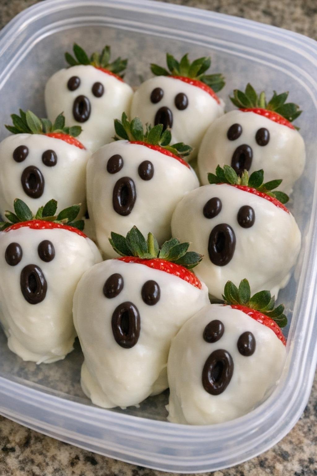 Ghost strawberries coated in white chocolate with dark chocolate faces in a plastic container