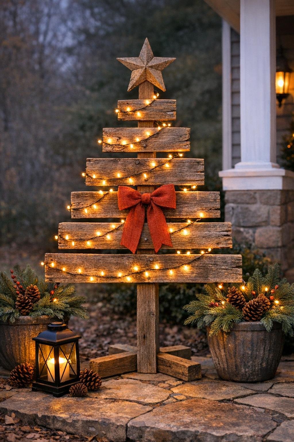 Finished lighted yard tree made from old fence pickets displayed outdoors