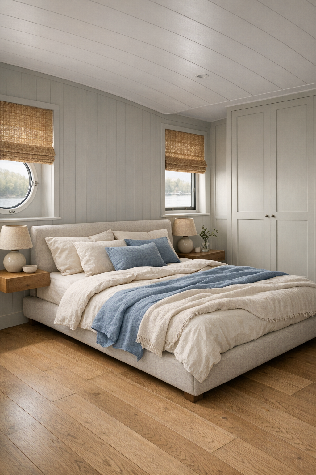 Bedroom with upholstered bed, linen bedding, built-in wardrobes, and soft gray paneling