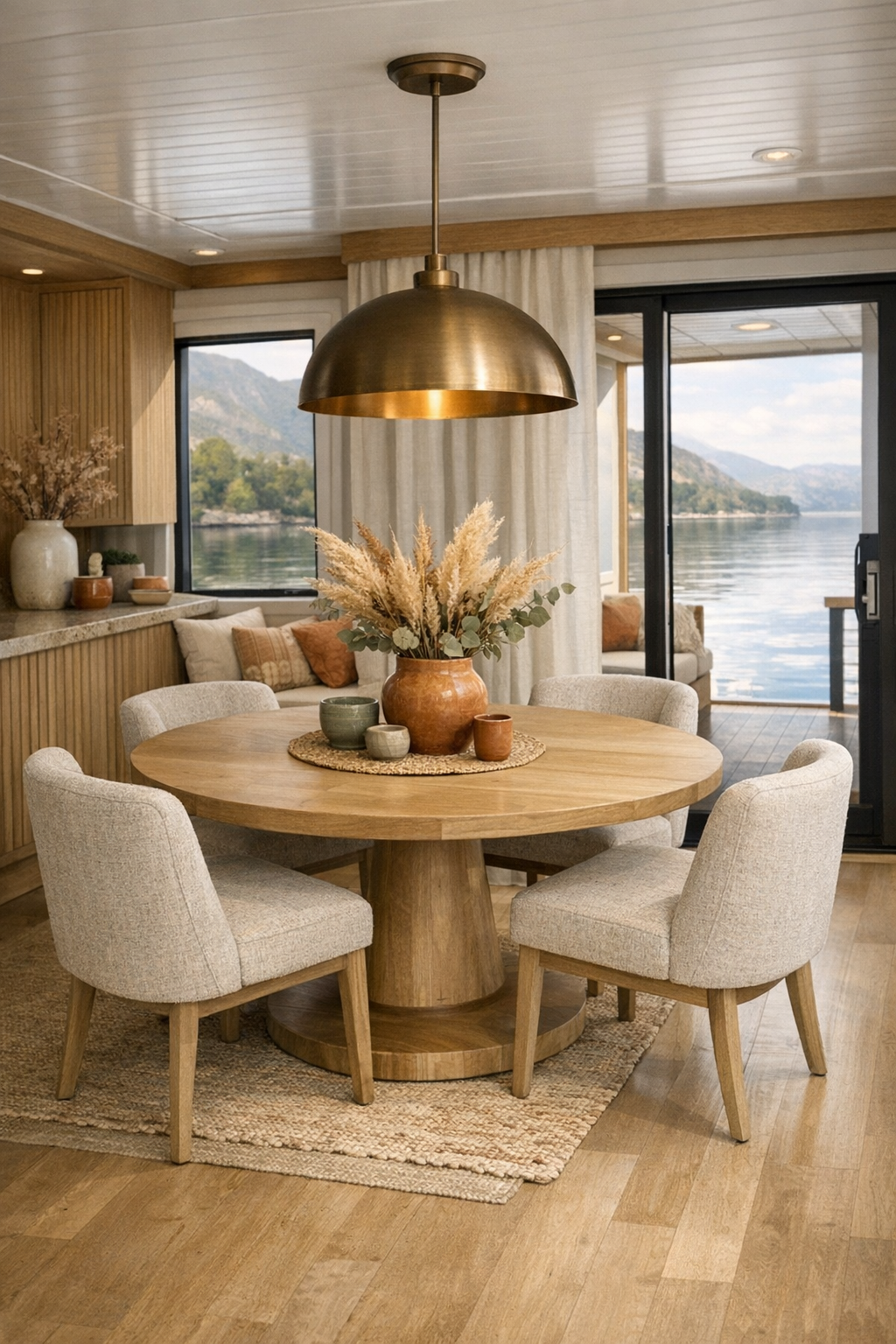 Accessible houseboat dining room with a round wood table and warm neutral finishes