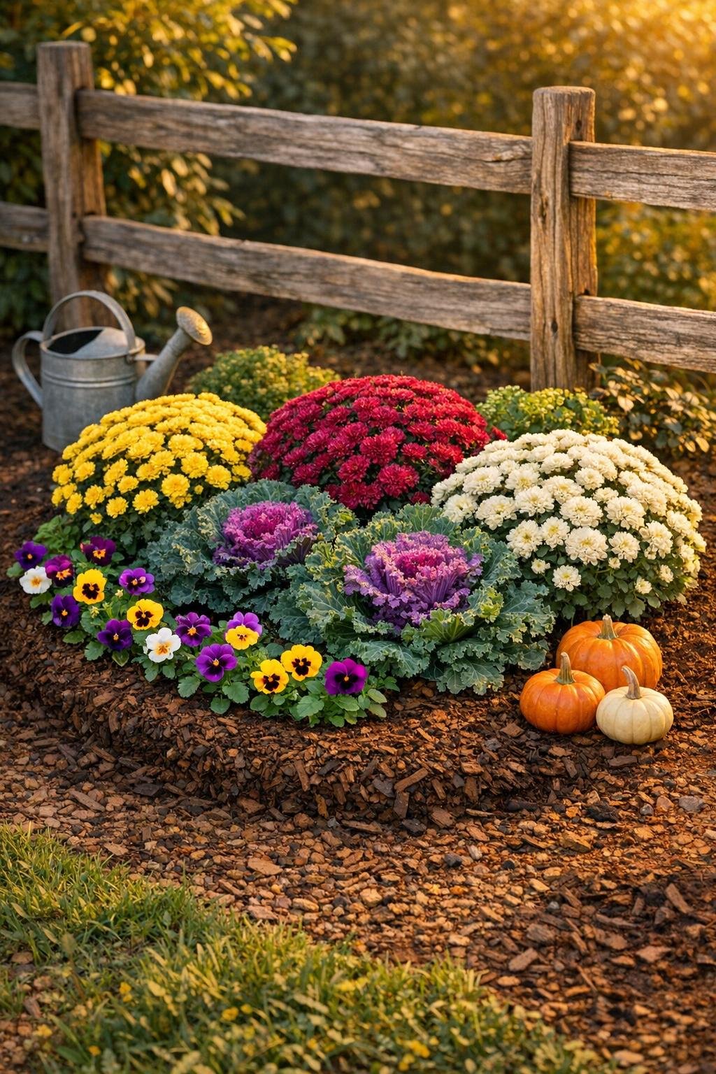 Finished fall garden bed improved with buried tennis balls, nursery pots, and pea gravel