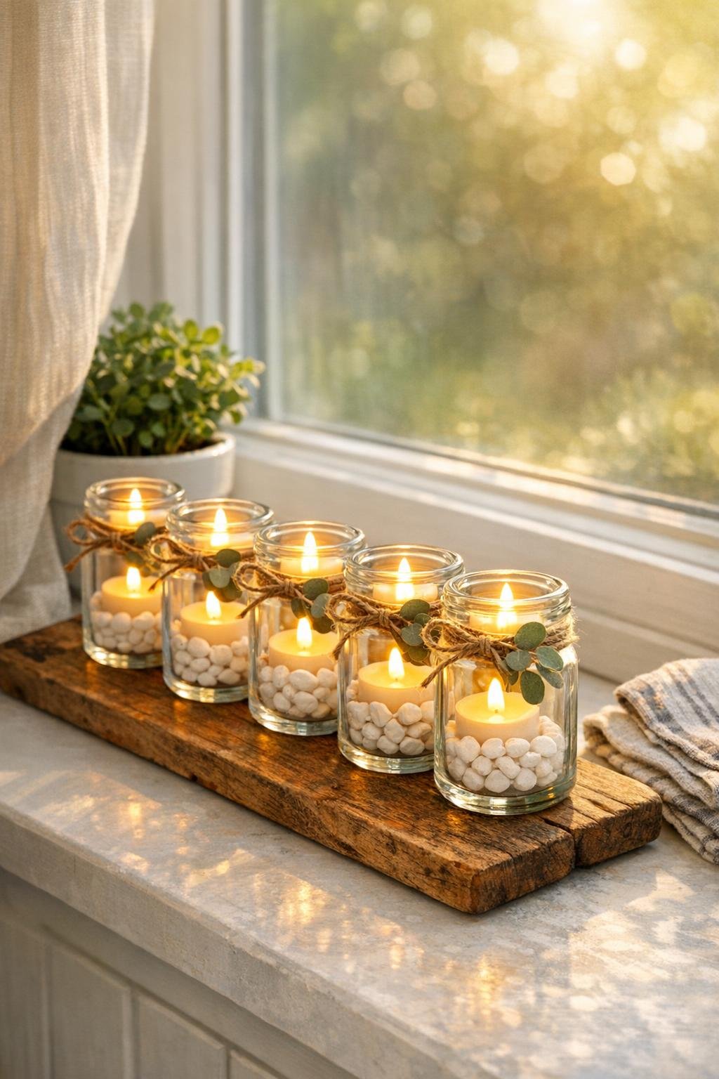 Finished spice jar candle display styled on a windowsill