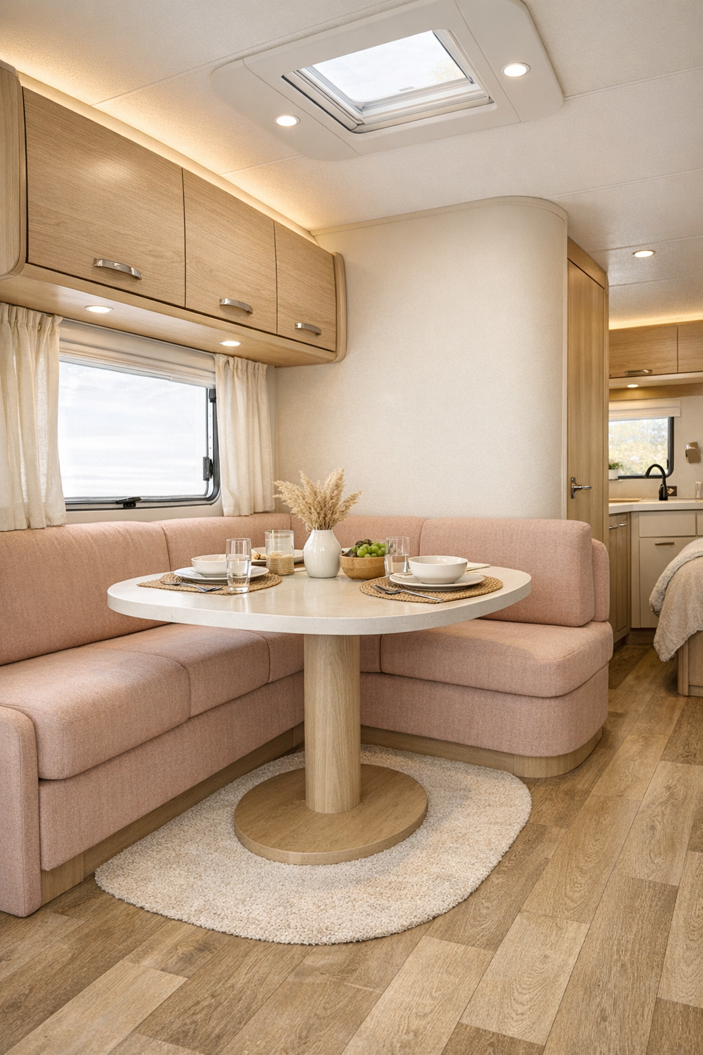 RV dining nook with blush banquette, rounded table, and pale wood cabinetry