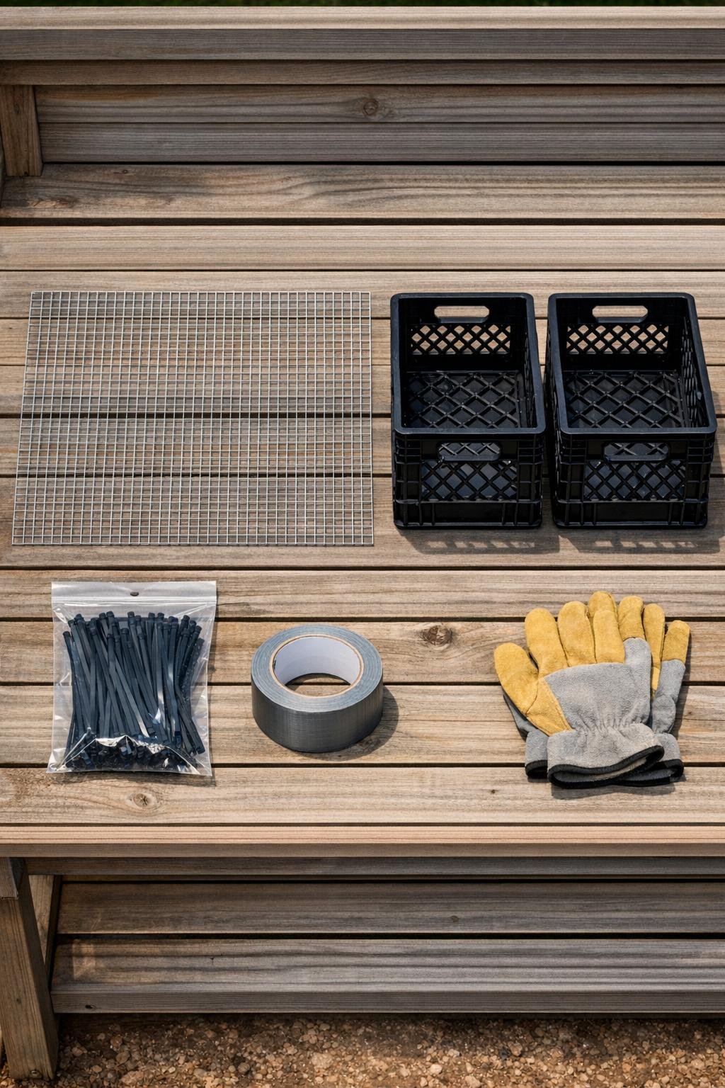 Materials for a DIY raised bed soil sifter laid out on a potting bench