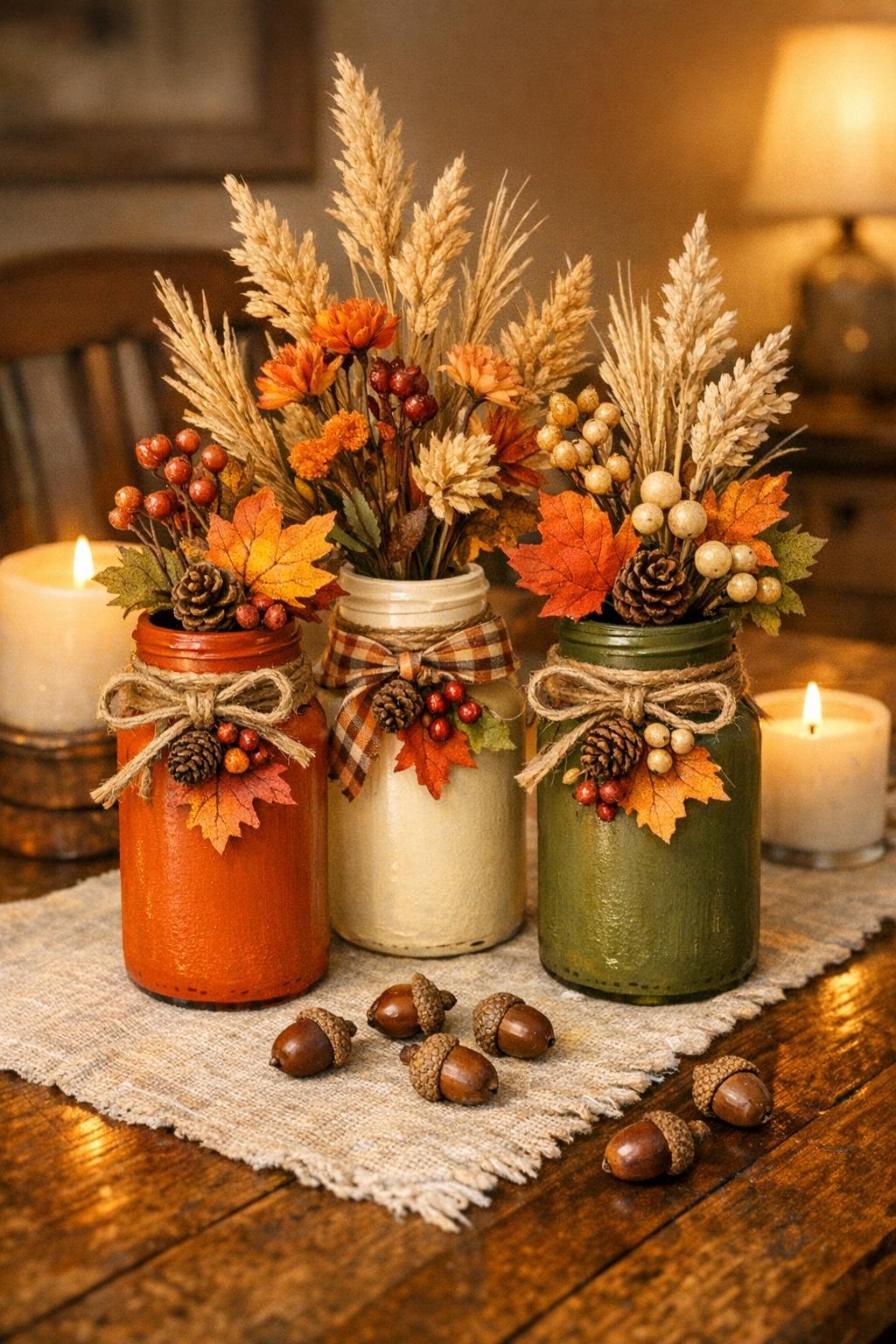 Finished autumn bud vase trio made from old glass spice jars