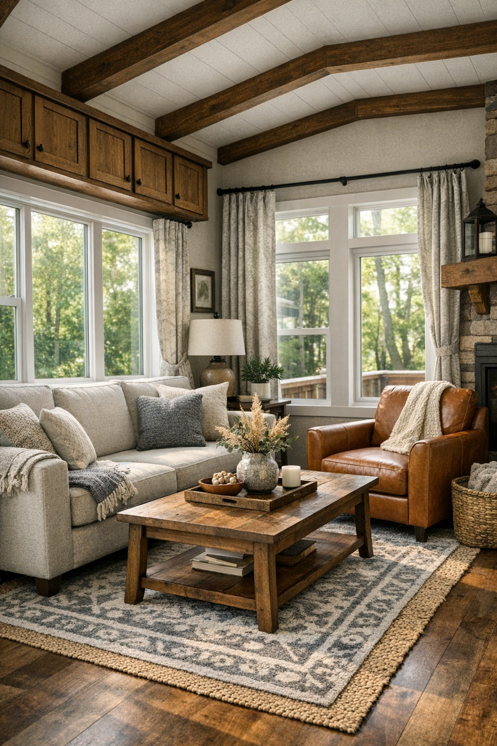 Bright craftsman-style living room with gray, cream, and wood finishes