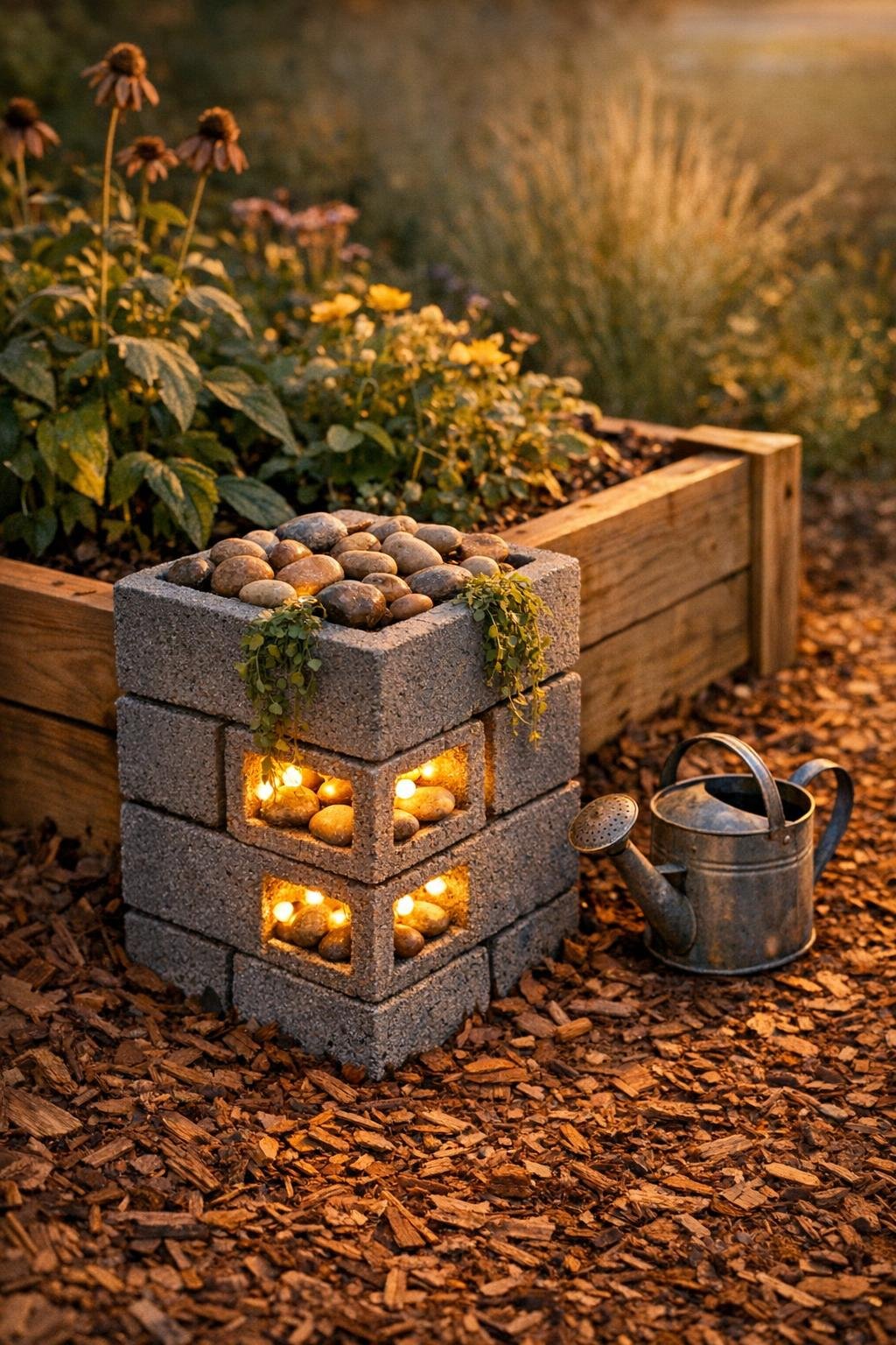 Finished cinder block raised bed corner stabilizer styled in a garden