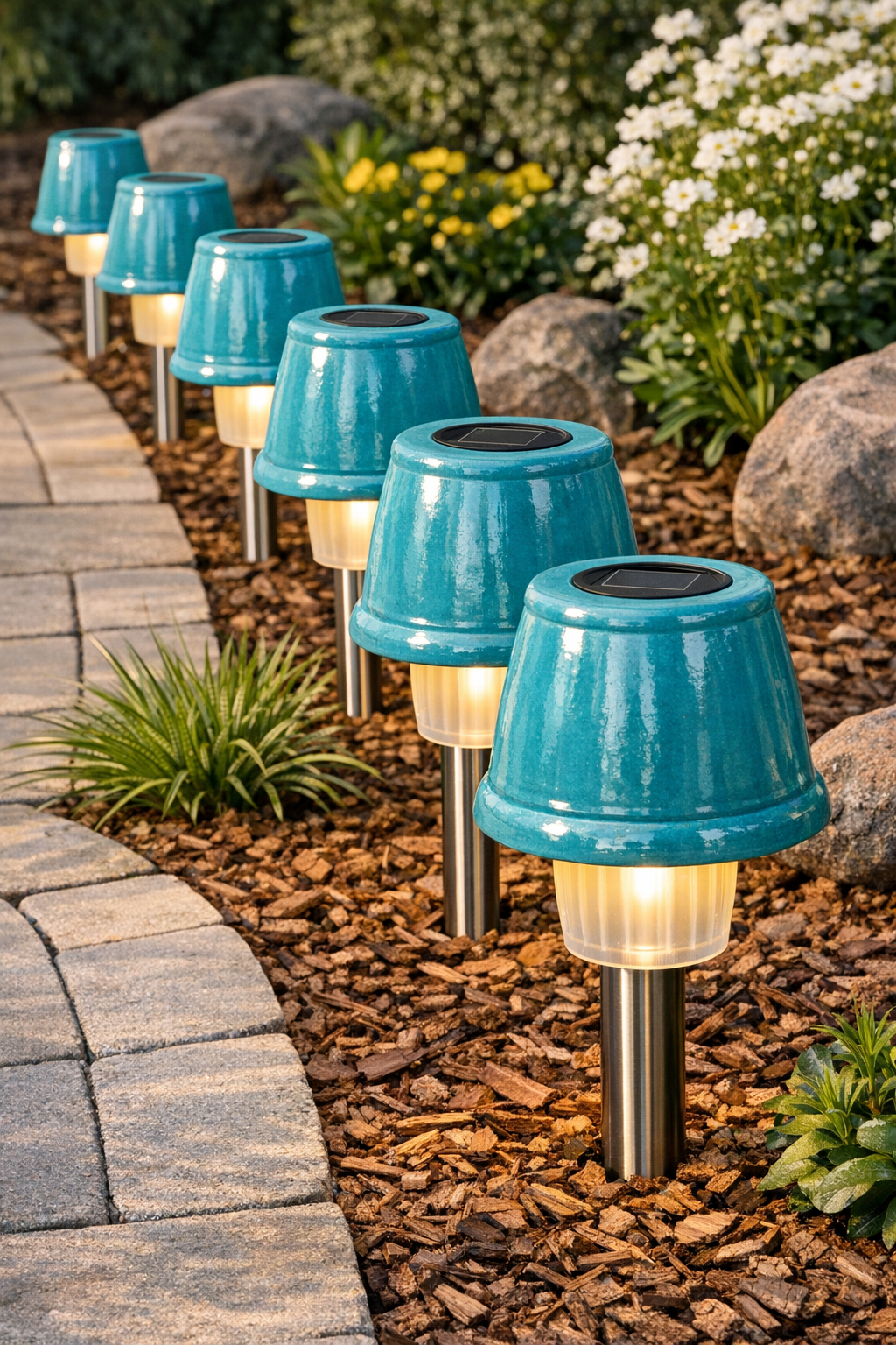 Finished solar light planter walkway with turquoise ceramic pots
