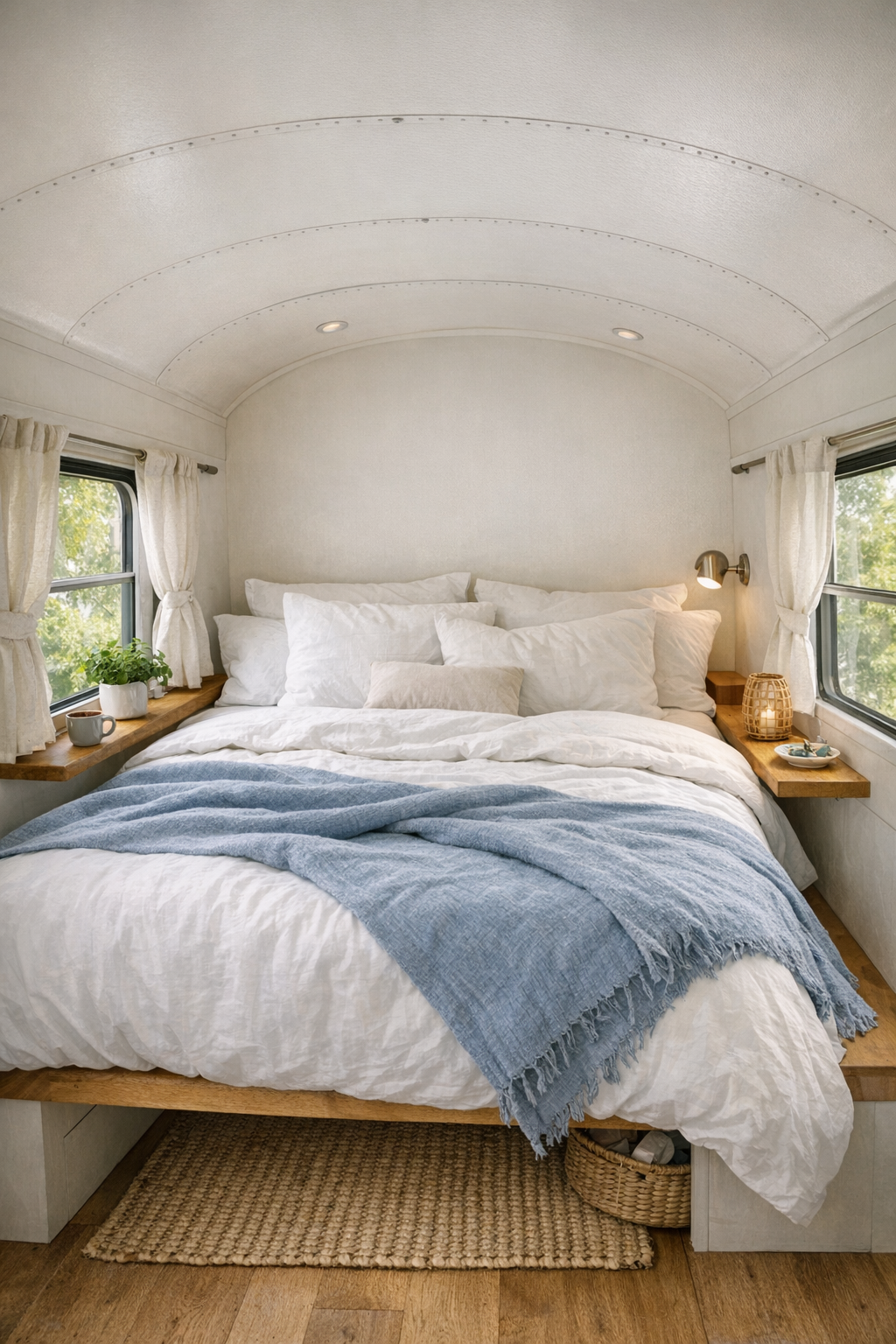 Peaceful bus bedroom with layered bedding, built-in bed platform, and soft natural light