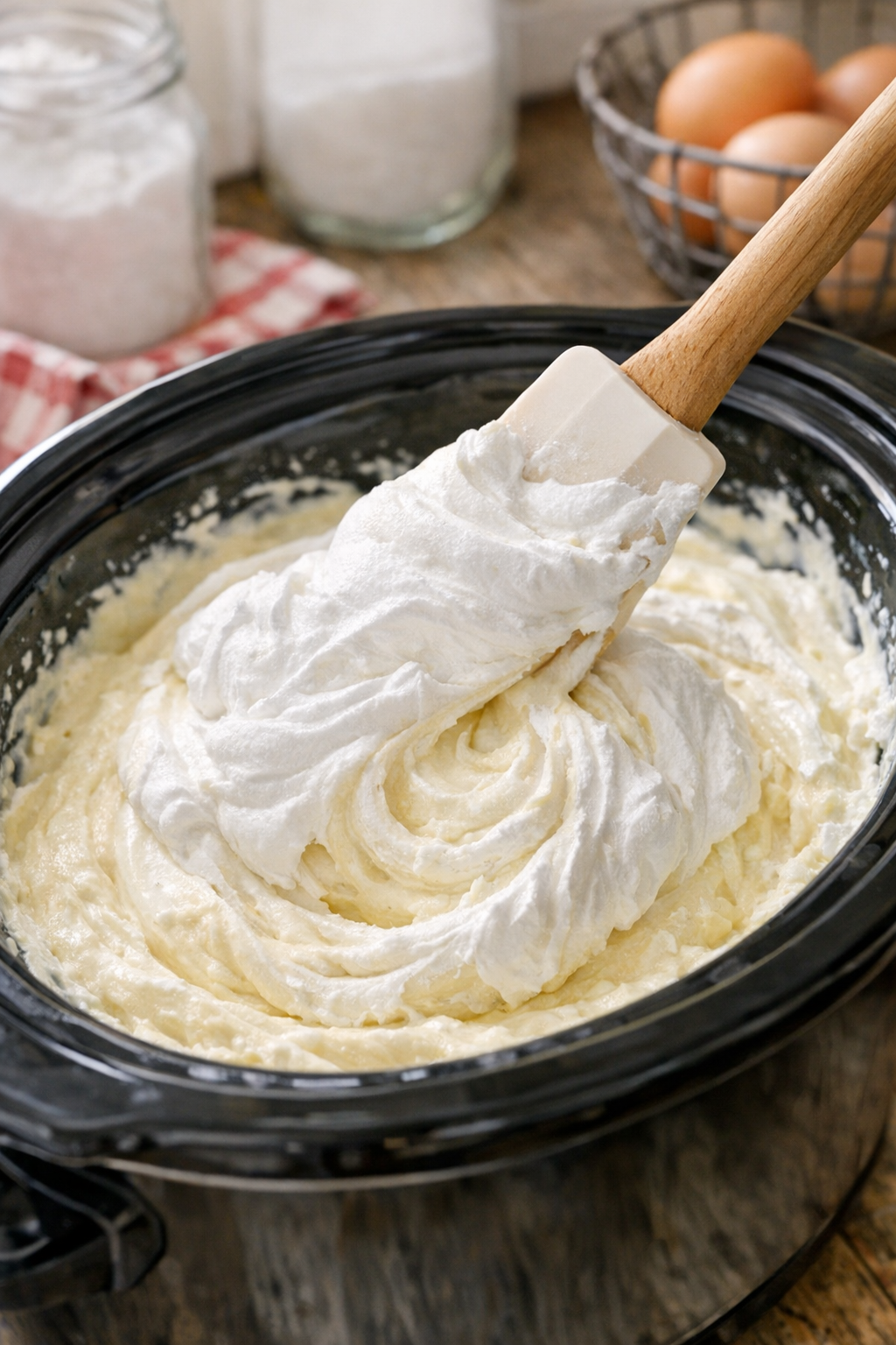 Whipped topping folded into cooled cream cheese dessert mixture