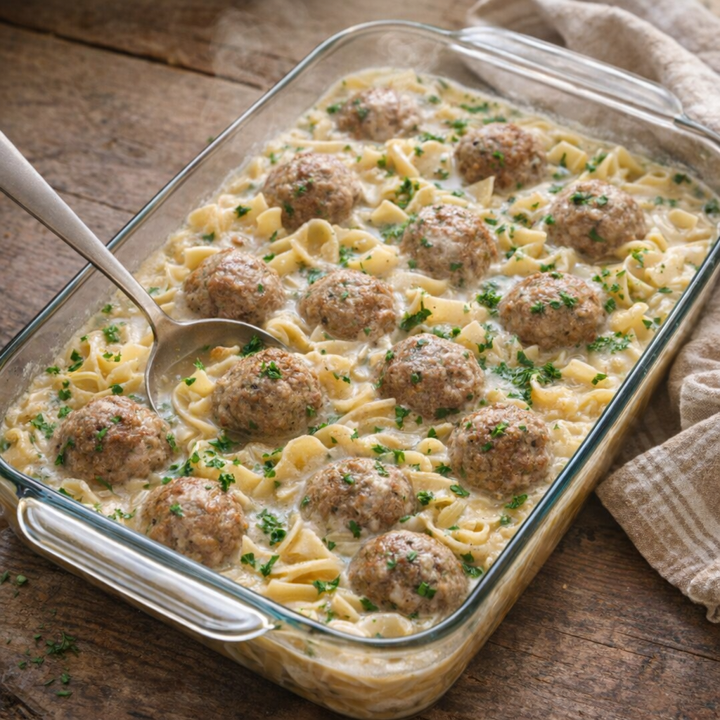 Glass baking dish of meatball stew on a rustic kitchen table