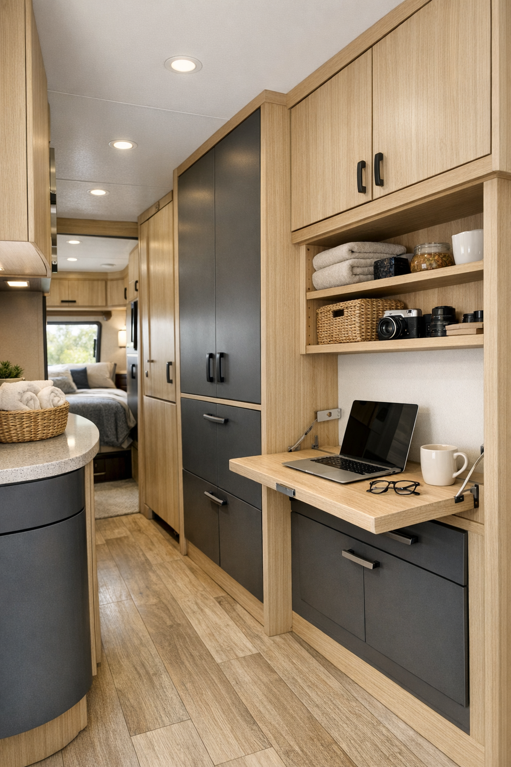 RV hallway and storage area with built-in cabinetry and flexible work surface