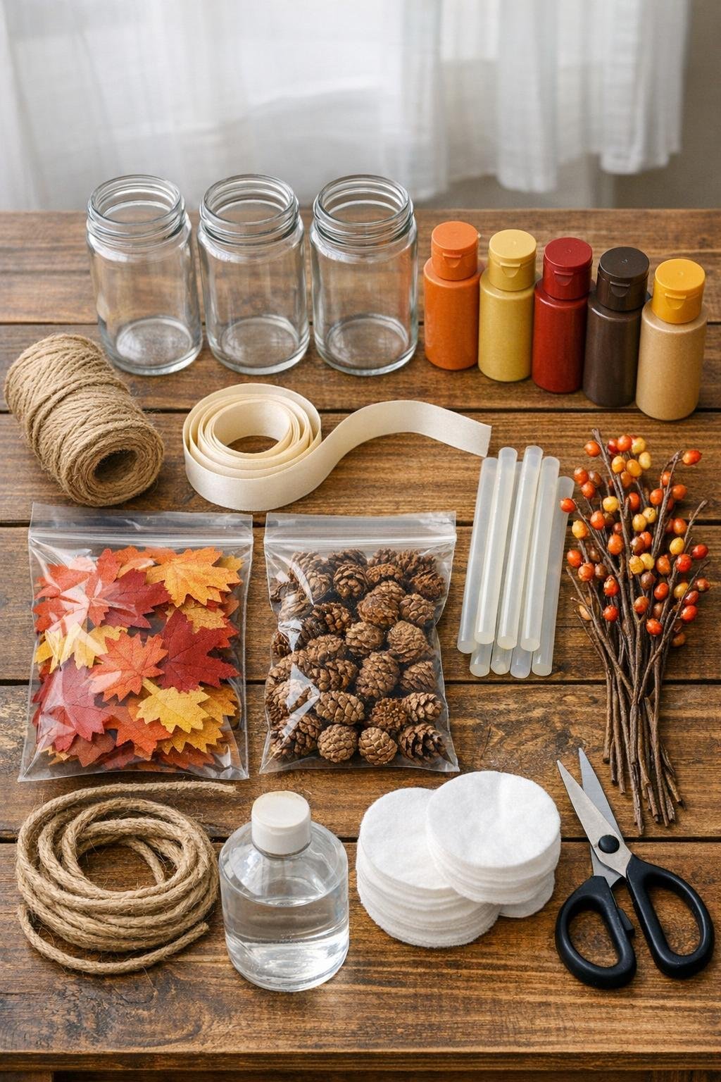 Materials for a fall bud vase trio made from glass spice jars