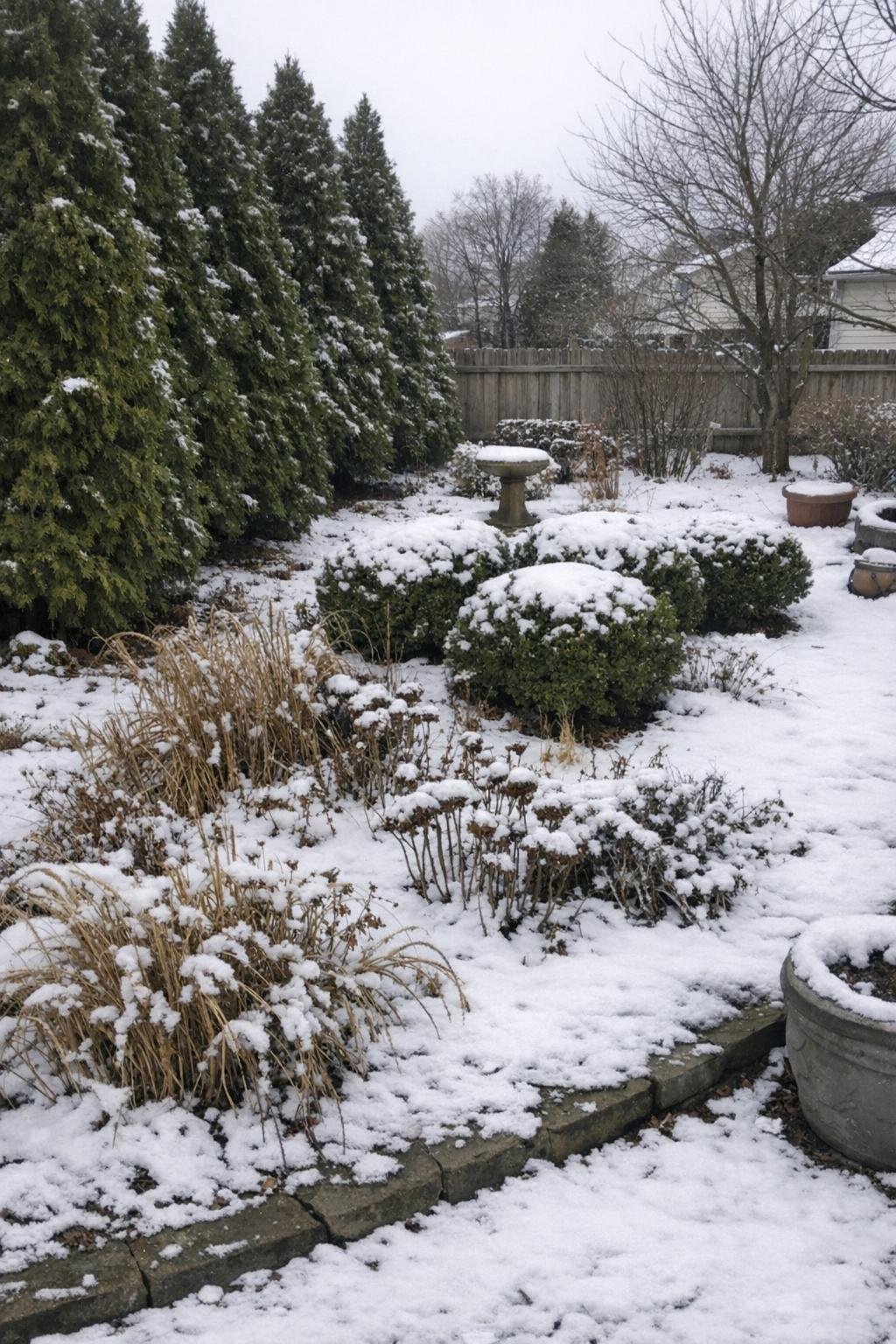 Snow resting on flower beds with evergreen branches brushed clear