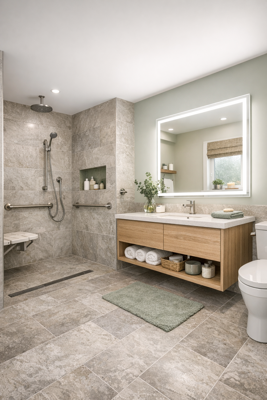 Accessible tiny home bathroom with curbless shower and soft stone finishes