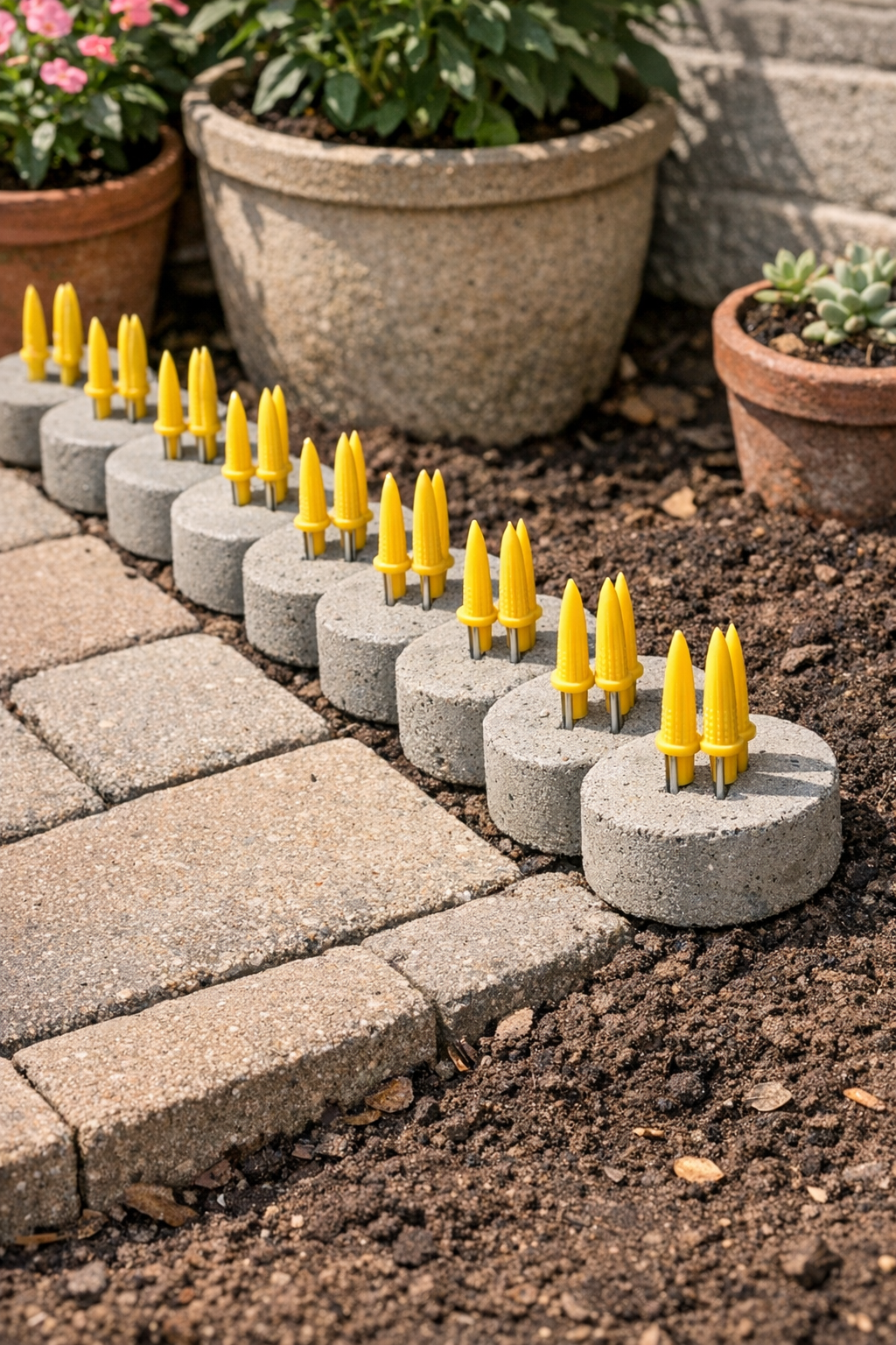 Finished heavy spiked patio border pieces made from cement and corn cob holders