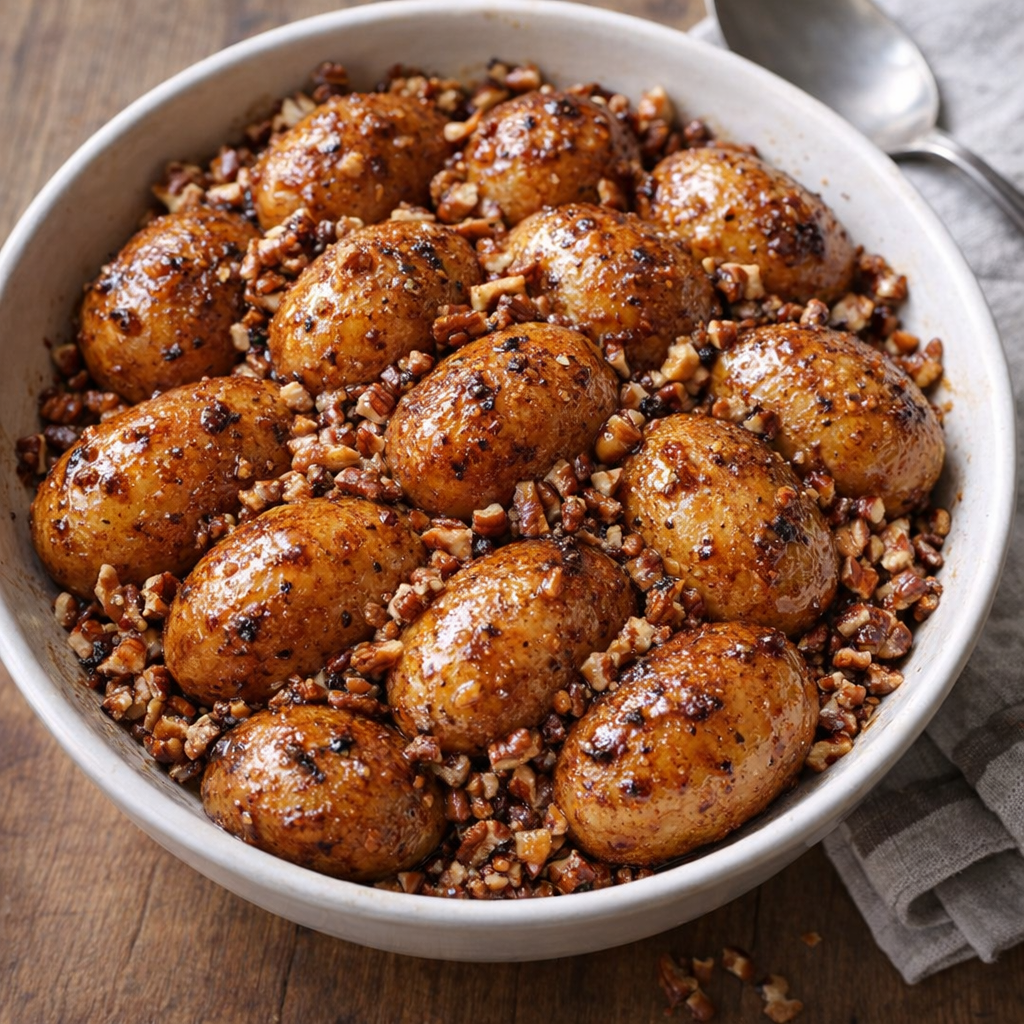 Variation of glazed potatoes topped with chopped pecans