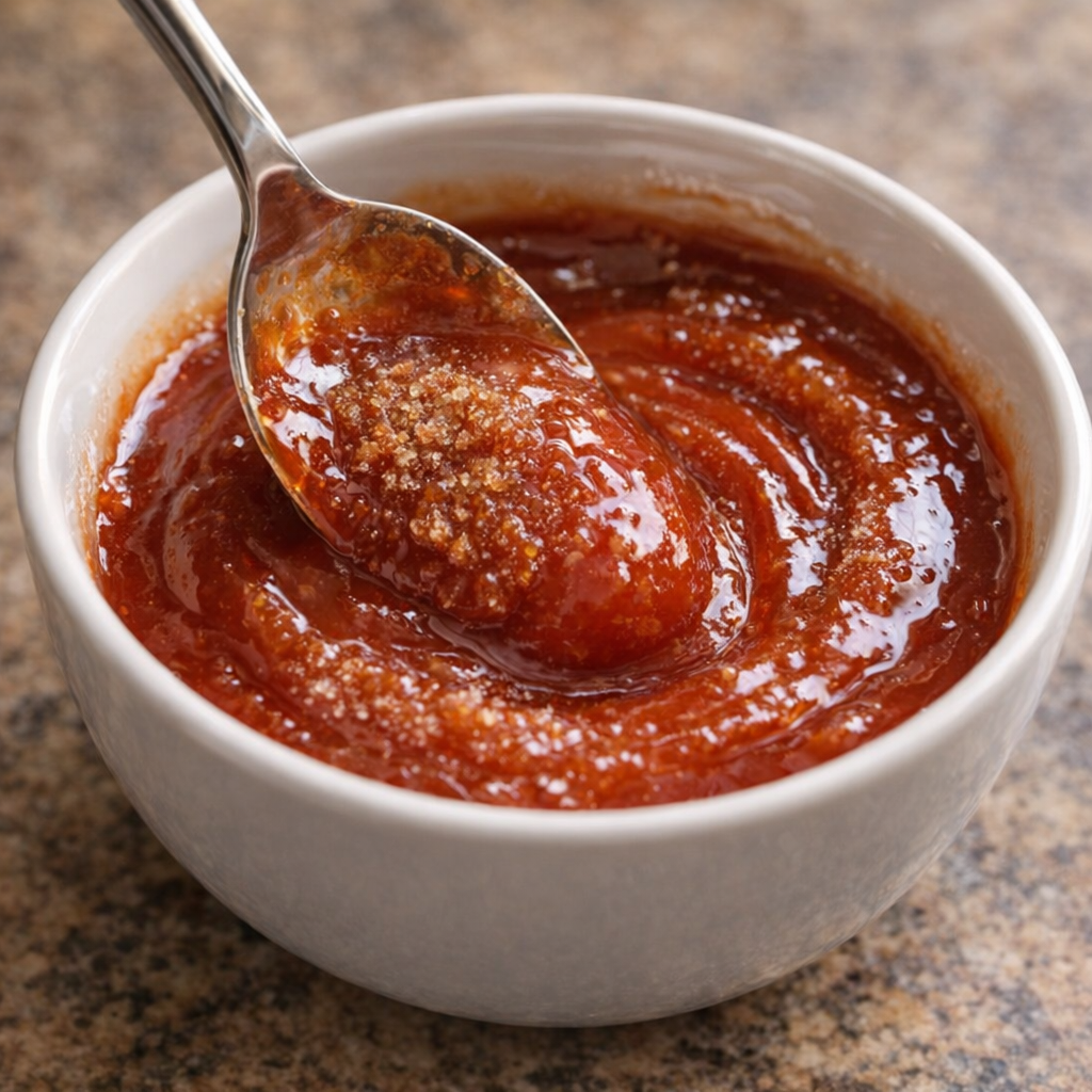Brown sugar ketchup glaze in a small bowl