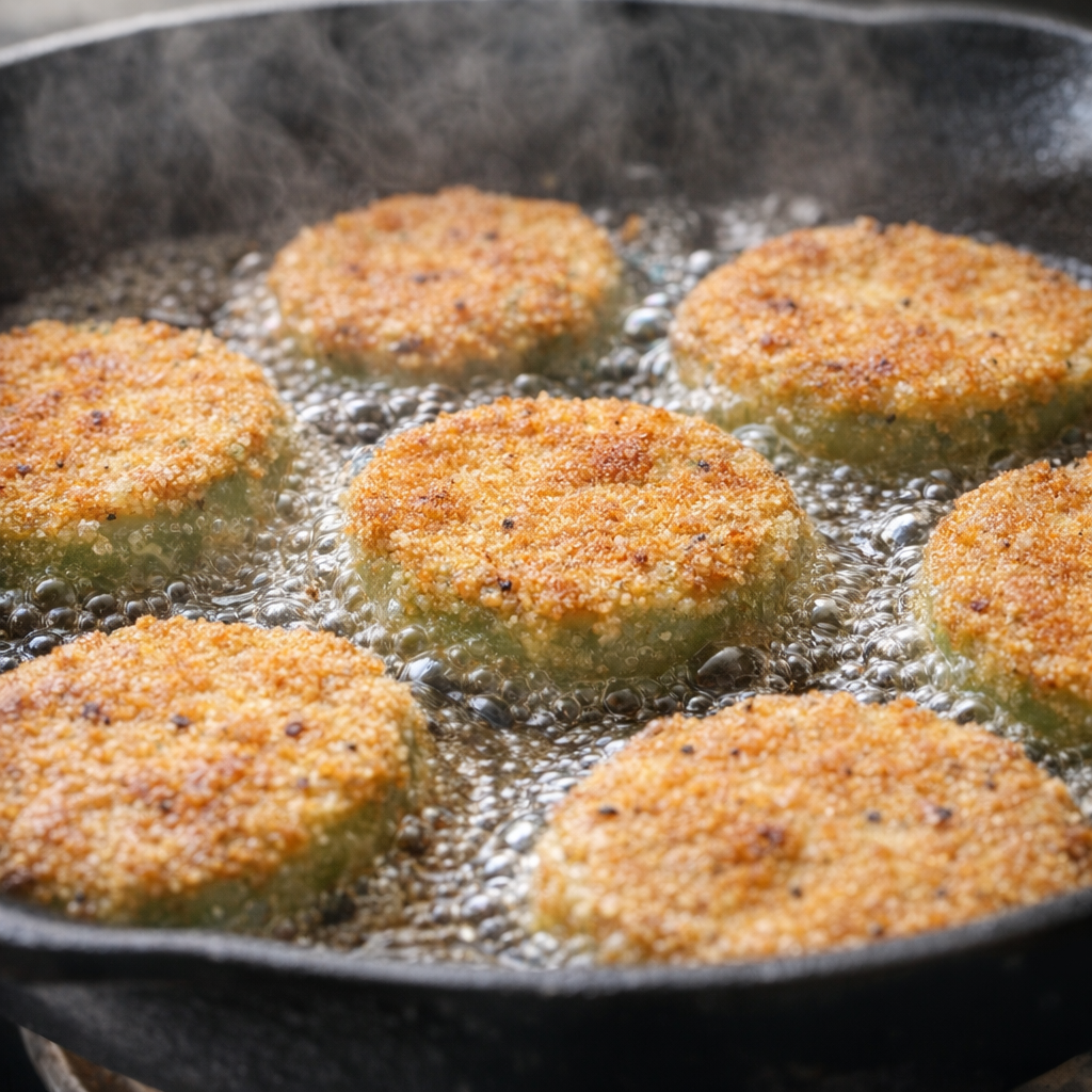 Fried green tomatoes crisping in a cast-iron skillet