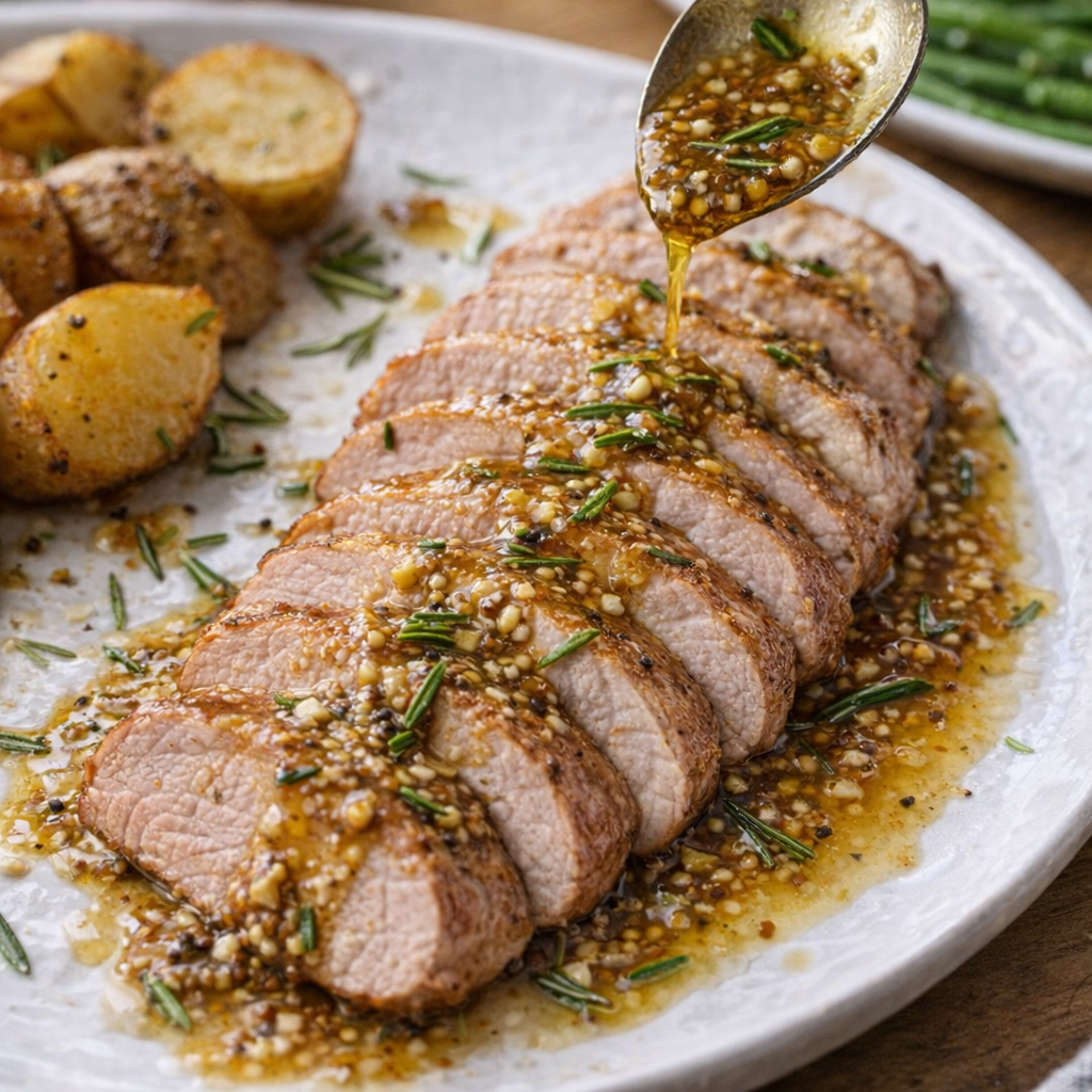 Maple mustard pork tenderloin sliced on a dinner plate