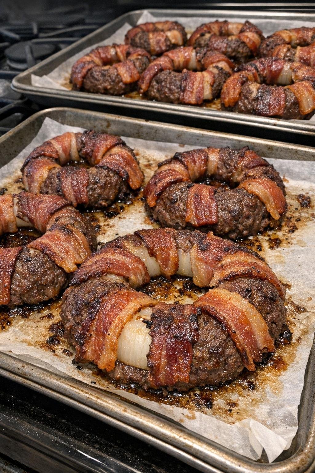 Oven baked beef wrapped onion rings on baking sheets