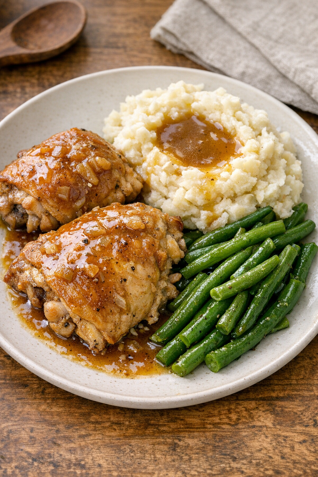 Finished slow cooker chicken plated with sauce
