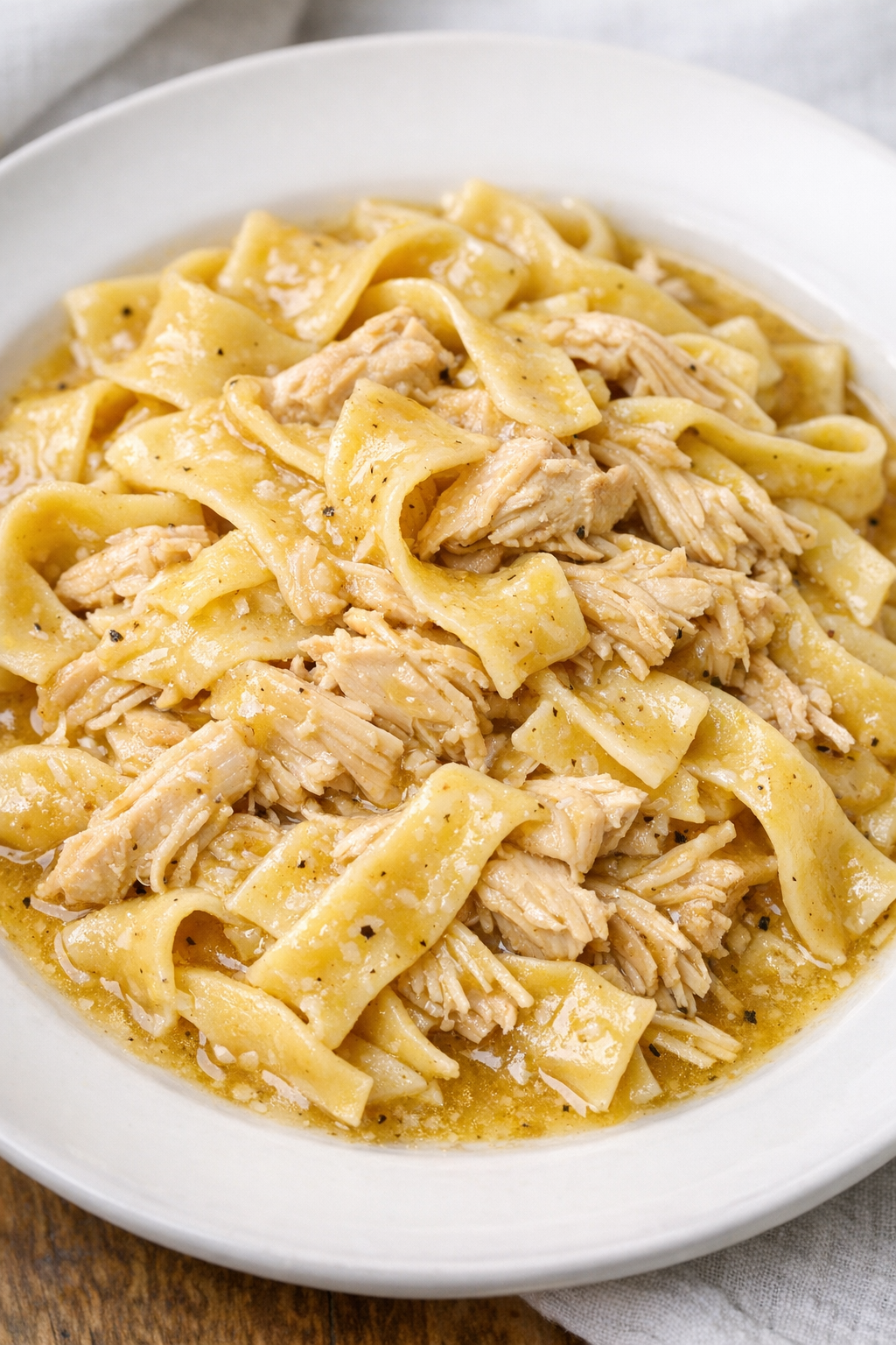 Extra buttery chicken and noodles with glossy broth