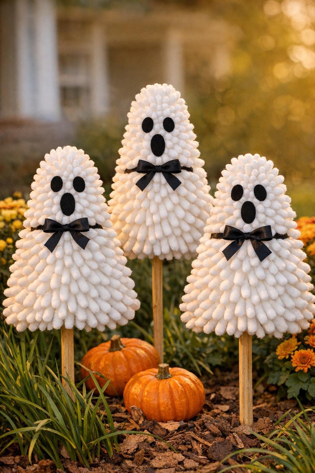 Finished cotton swab ghost stakes displayed in a lawn border for Halloween