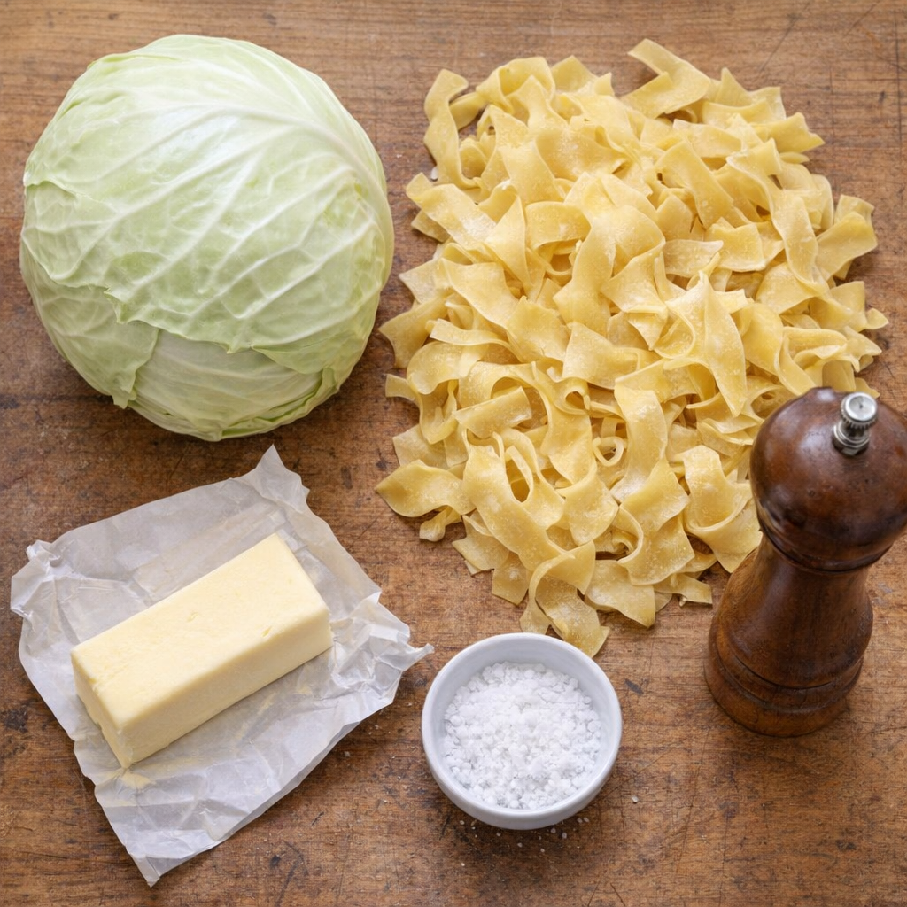 Simple cabbage noodle ingredients on a kitchen counter