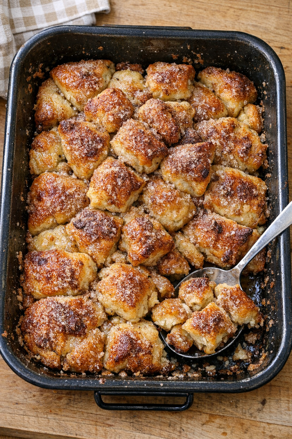 Finished baked cinnamon sugar dough dessert in a roasting pan