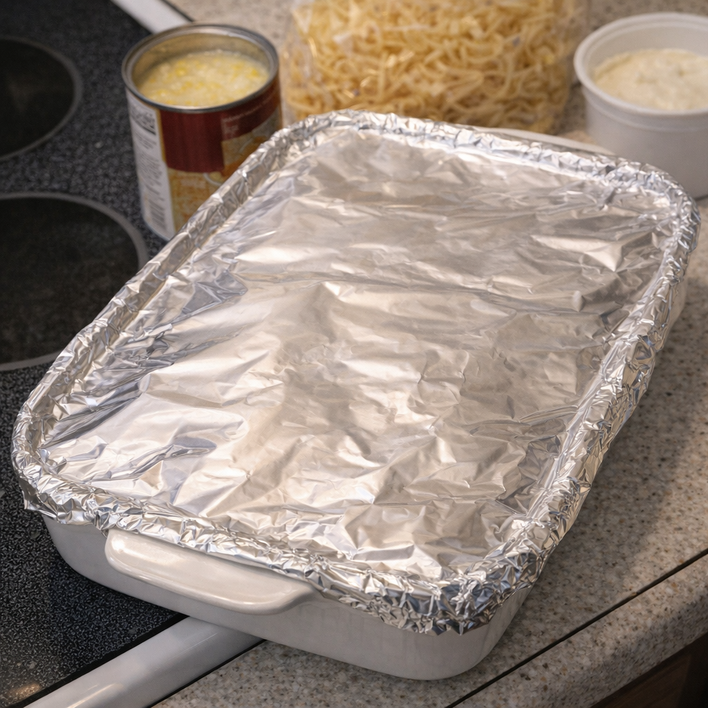 Prepared noodle casserole covered with foil before baking