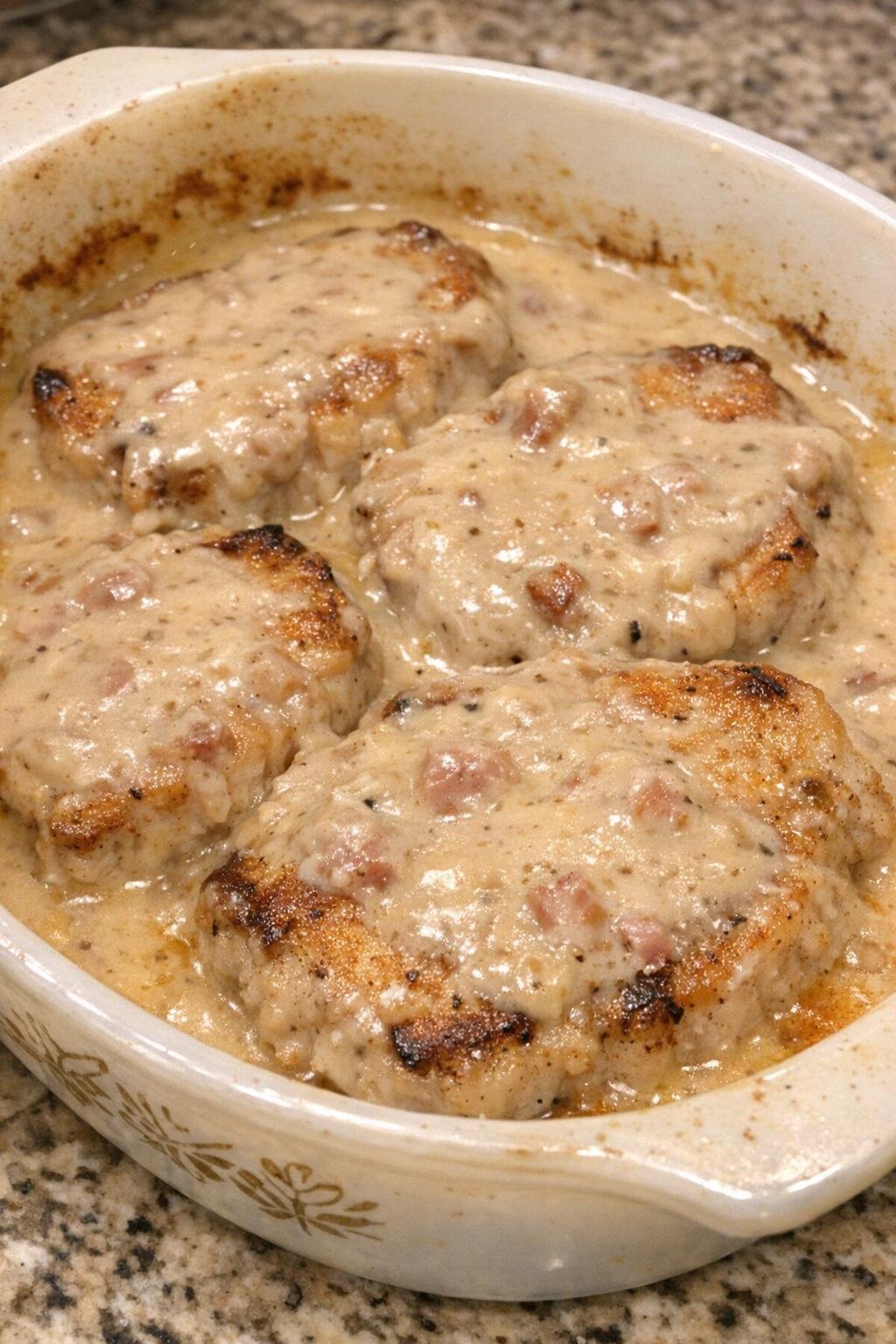 Golden browned pork chops in creamy bacon gravy in a vintage casserole dish