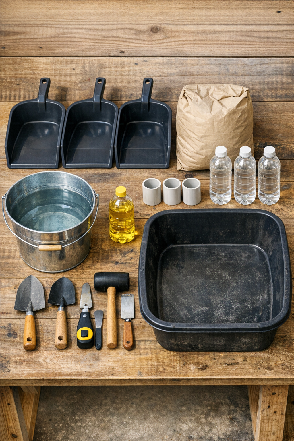 Materials for making three angled cement yard blocks laid out on a work surface
