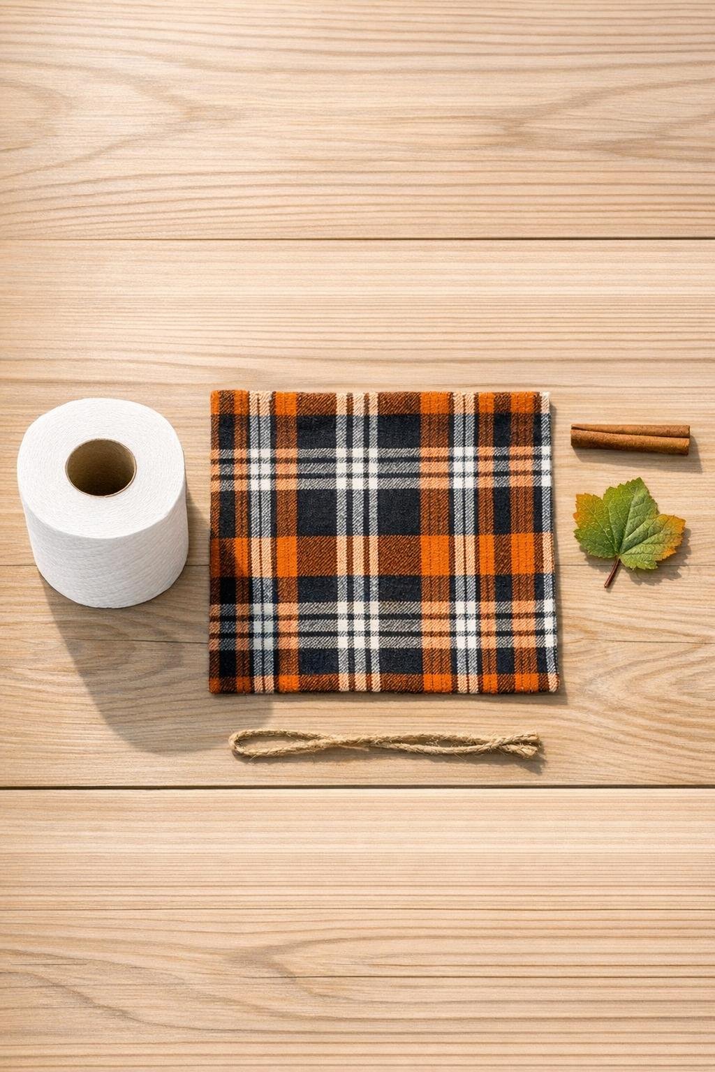 Materials for making no-sew flannel pumpkins laid out together