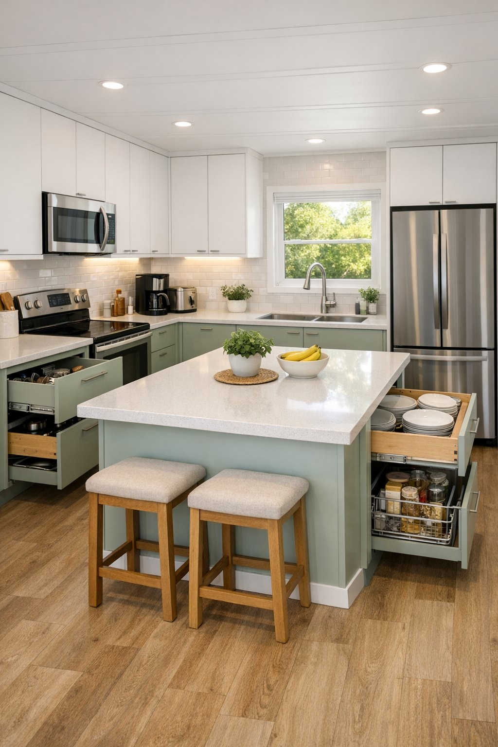 Accessible modern kitchen with light cabinetry, quartz counters, and bright task lighting
