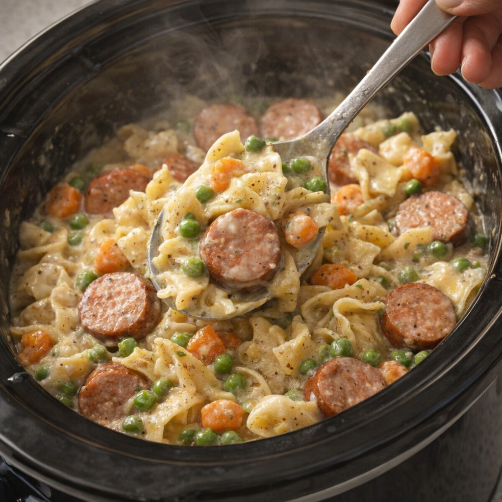 Finished sausage noodle bake being stirred in the slow cooker