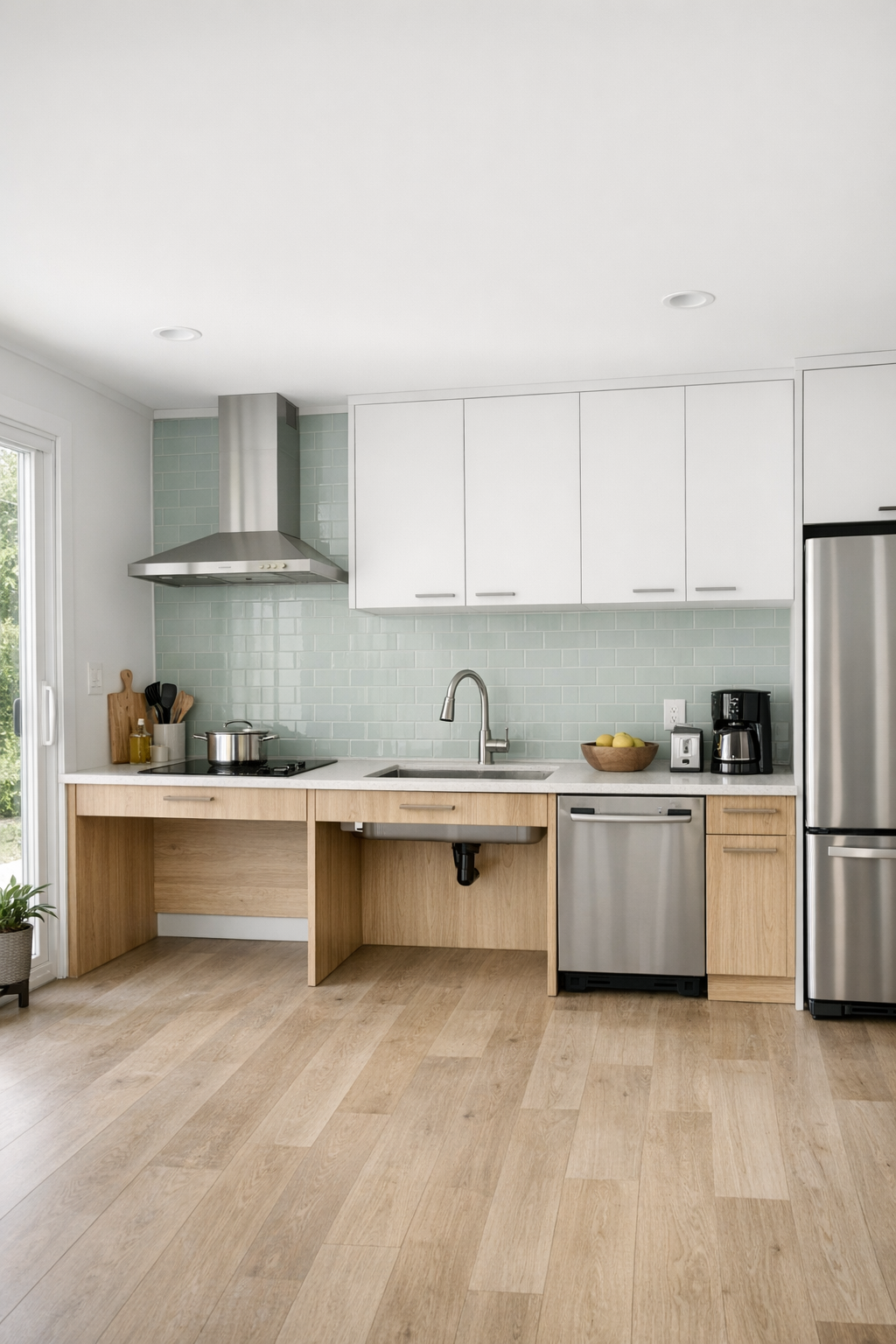 Modern accessible kitchen with pale oak cabinets, white counters, and pale mint backsplash