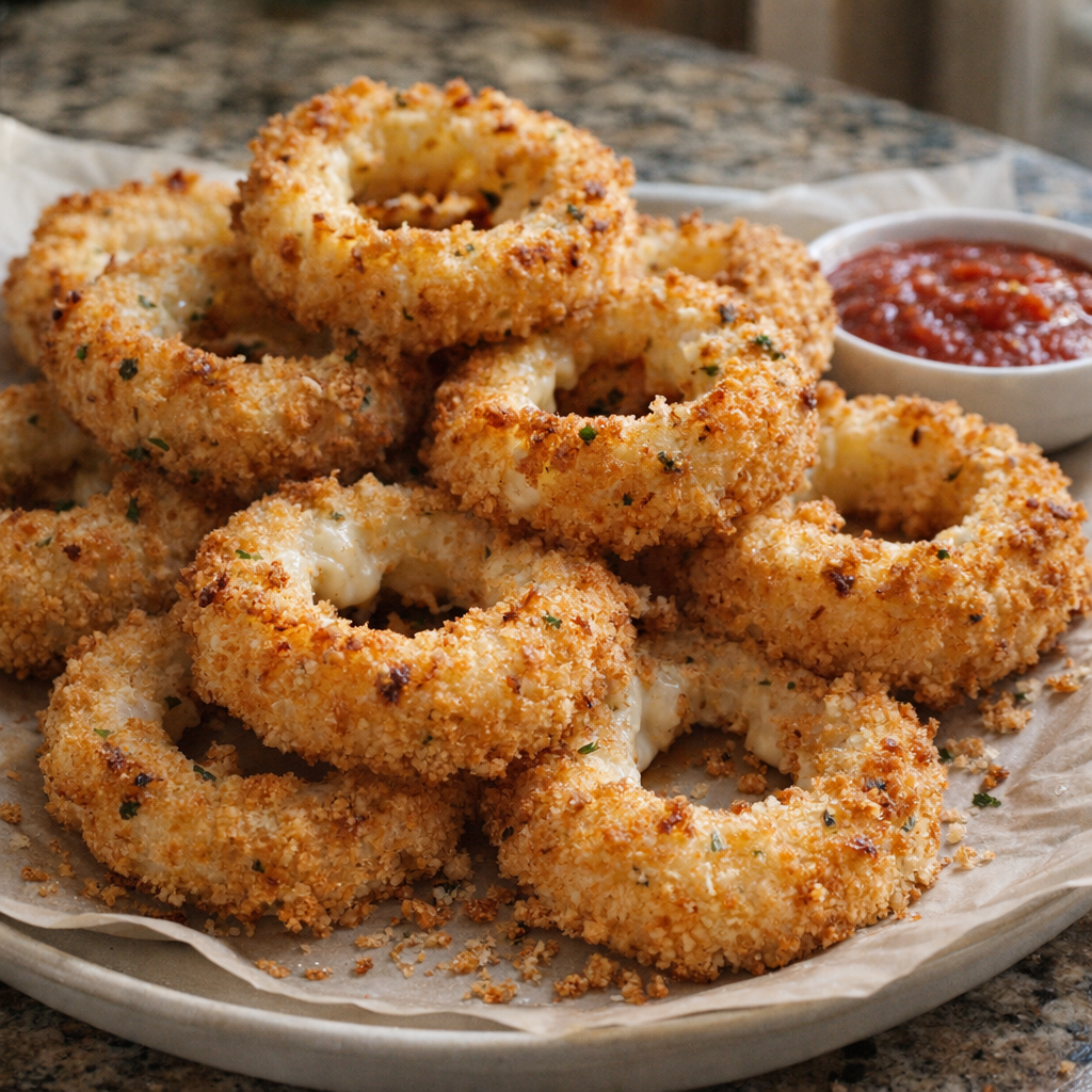 Golden baked mozzarella onion rings on a family-style platter